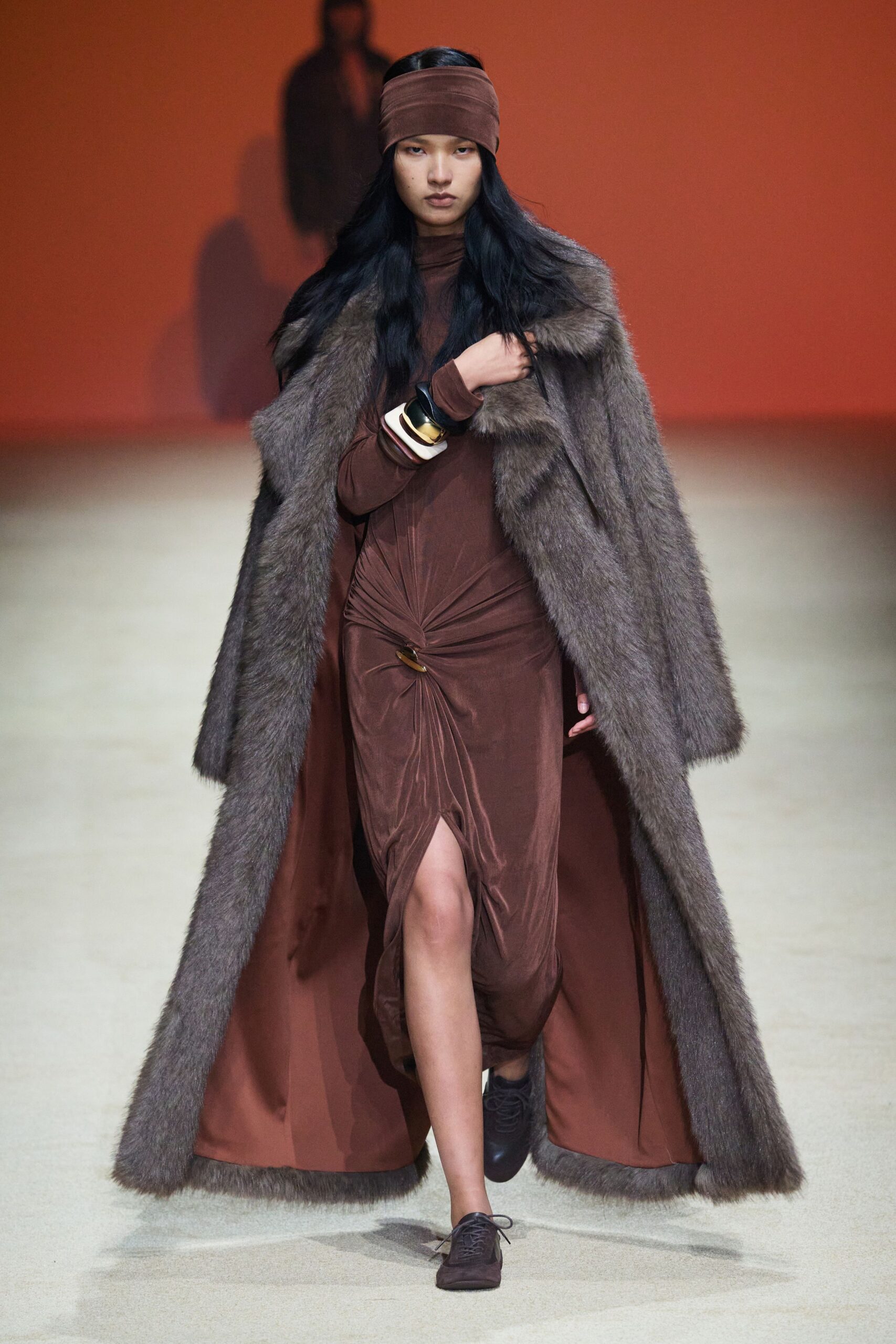 gray fur long-sleeve relaxed layered maxi coat