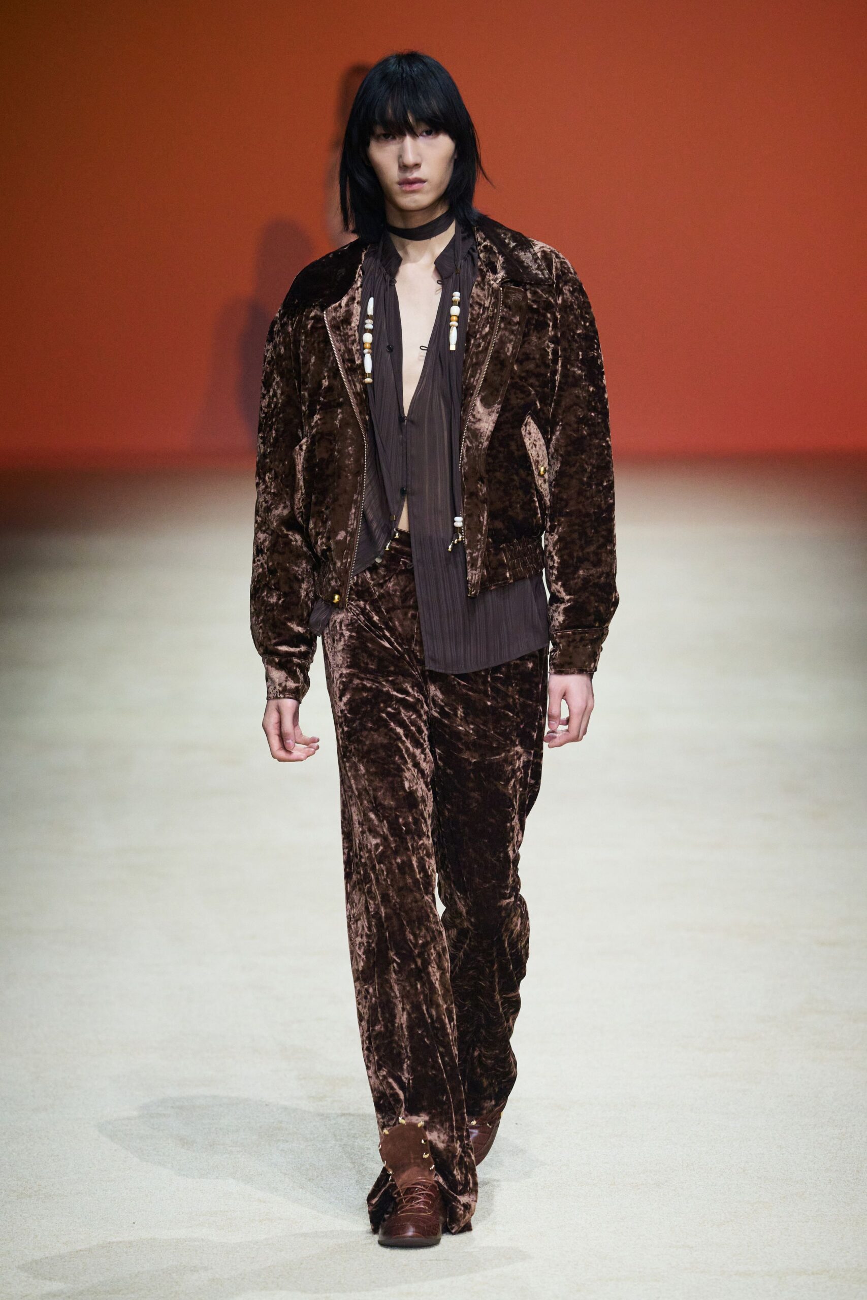 brown velvet fitted straight-leg pants