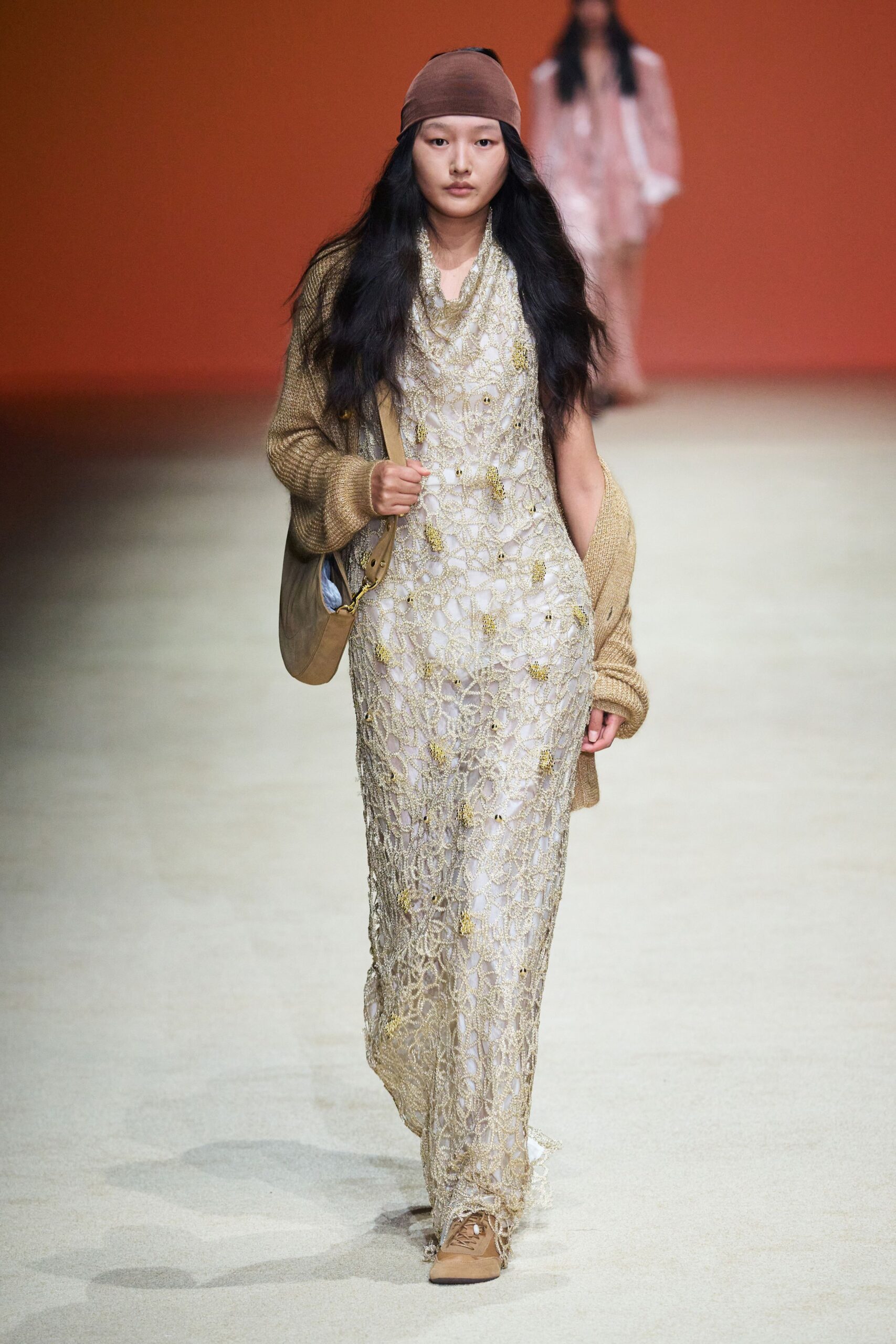 beige lace sleeveless v-neck fitted embroidered sheer gown