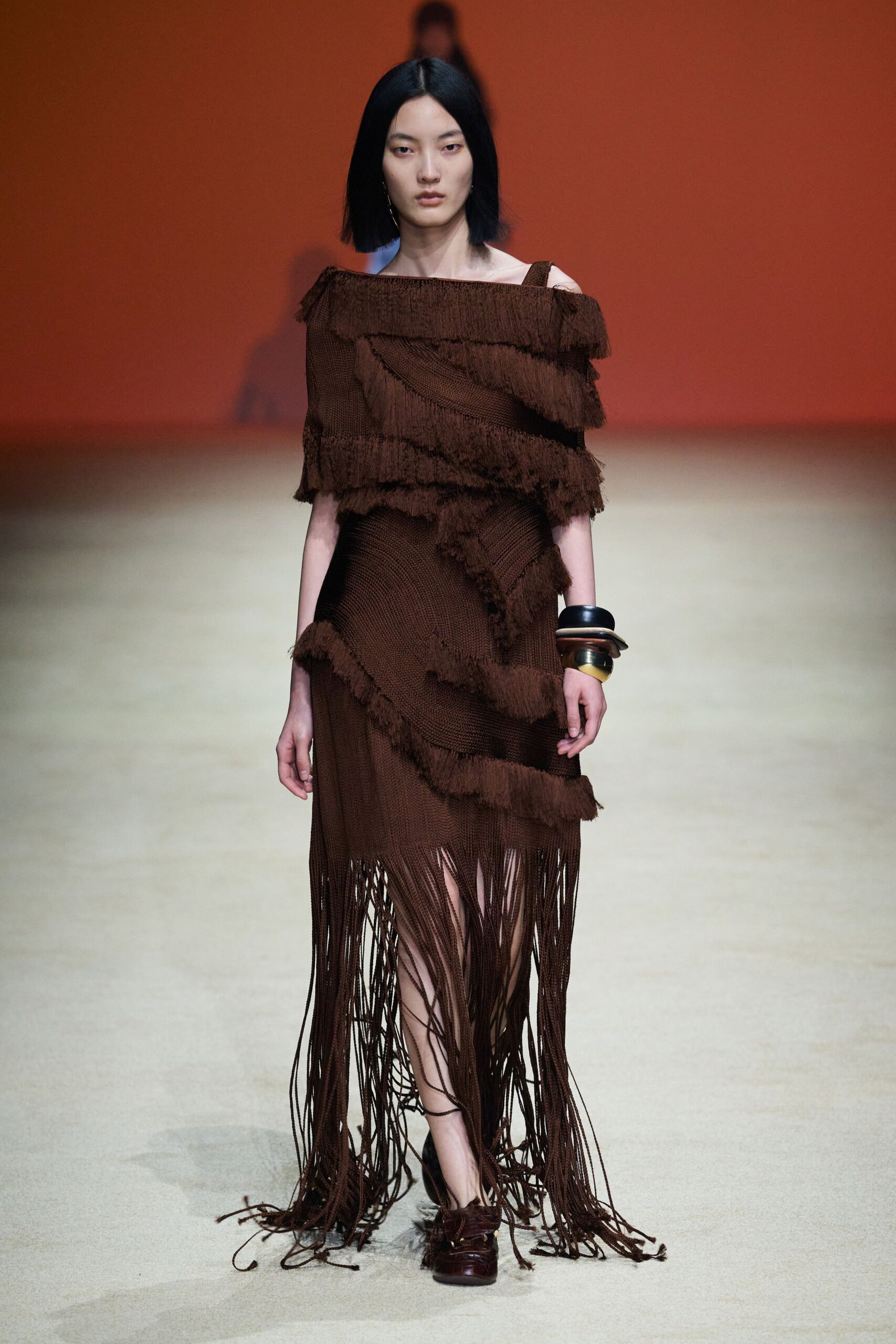 brown silk sleeveless off-shoulder fitted fringed layered dress