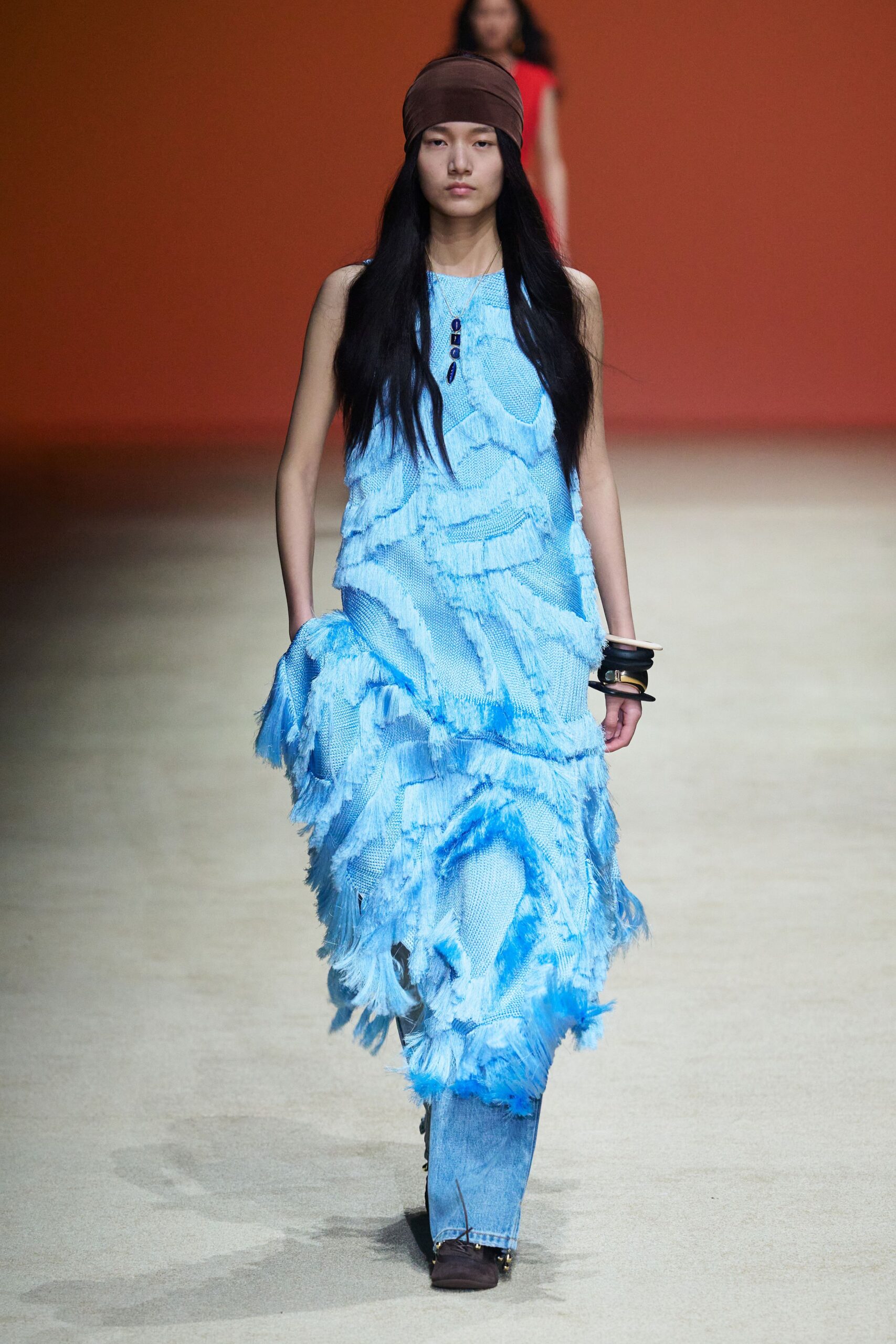 blue cotton sleeveless v-neck fitted fringed flowing dress
