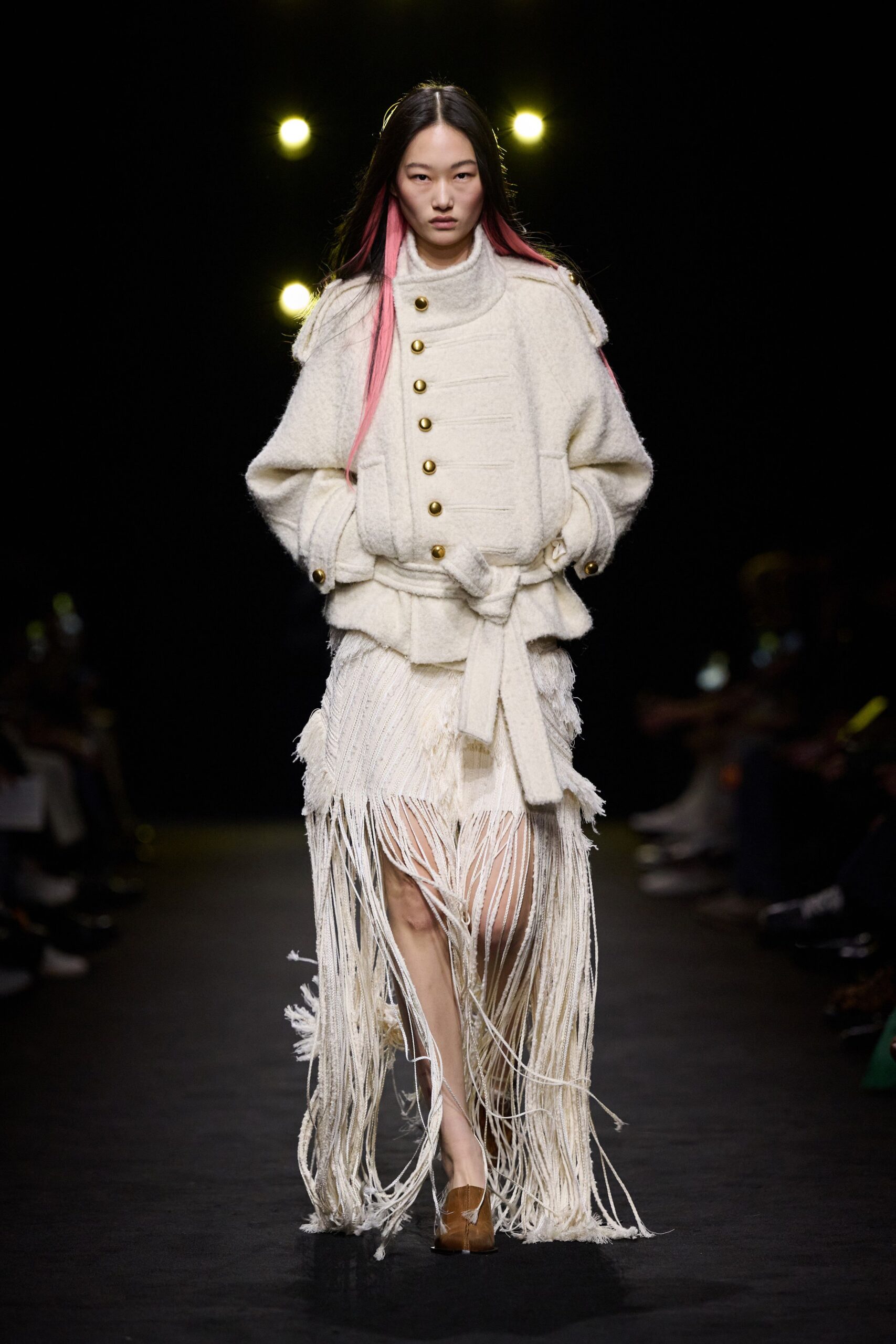 white wool long-sleeve collared fitted buttoned fringed jacket