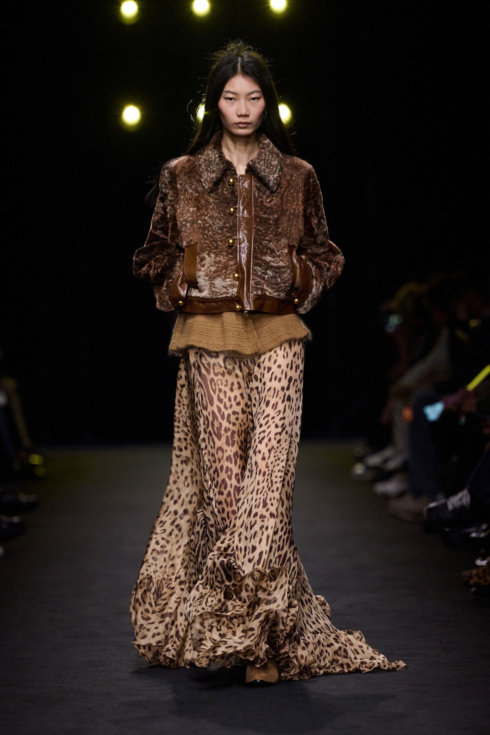 brown silk printed flowing maxi skirt