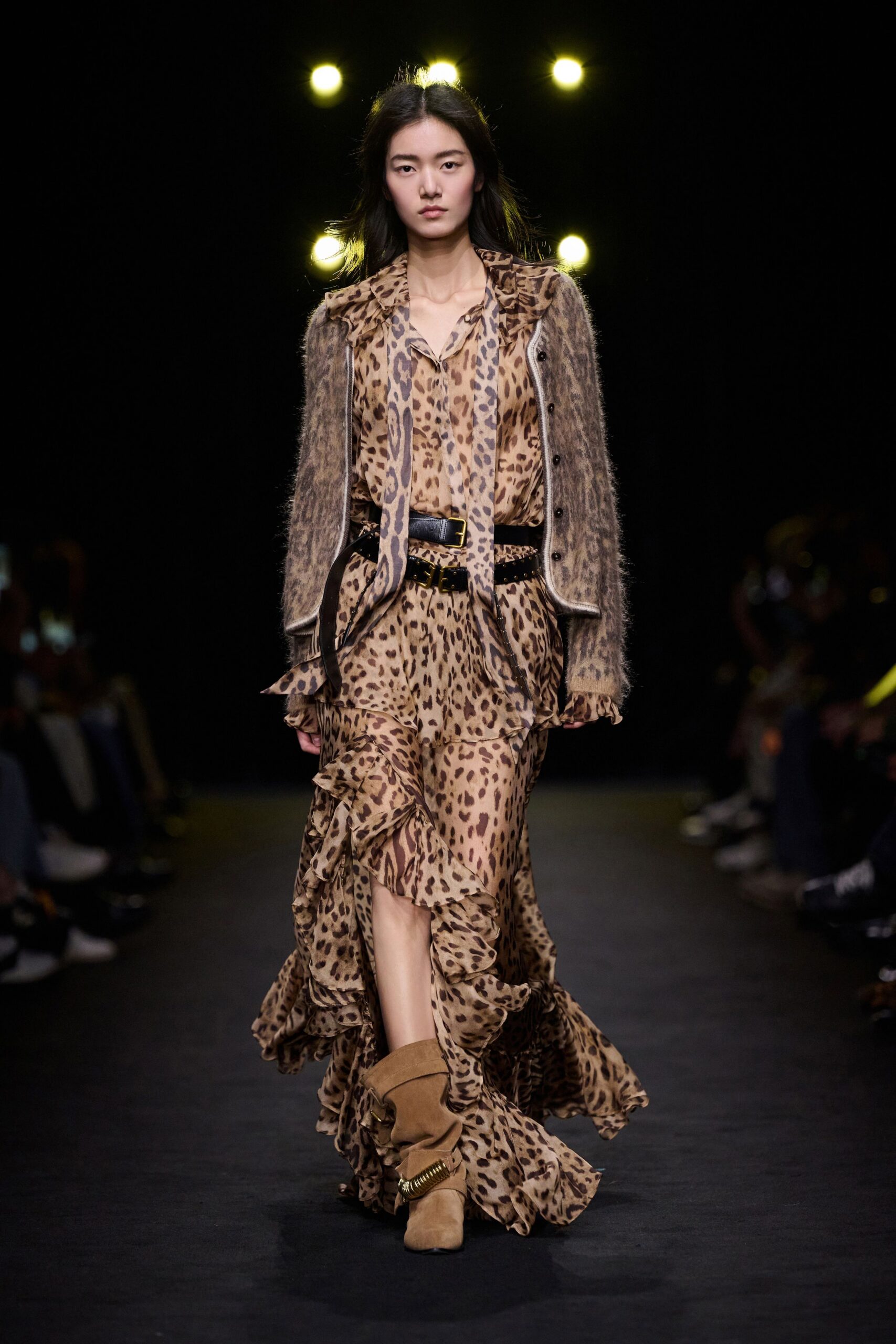 brown silk long-sleeve v-neck fitted animal-print tiered dress