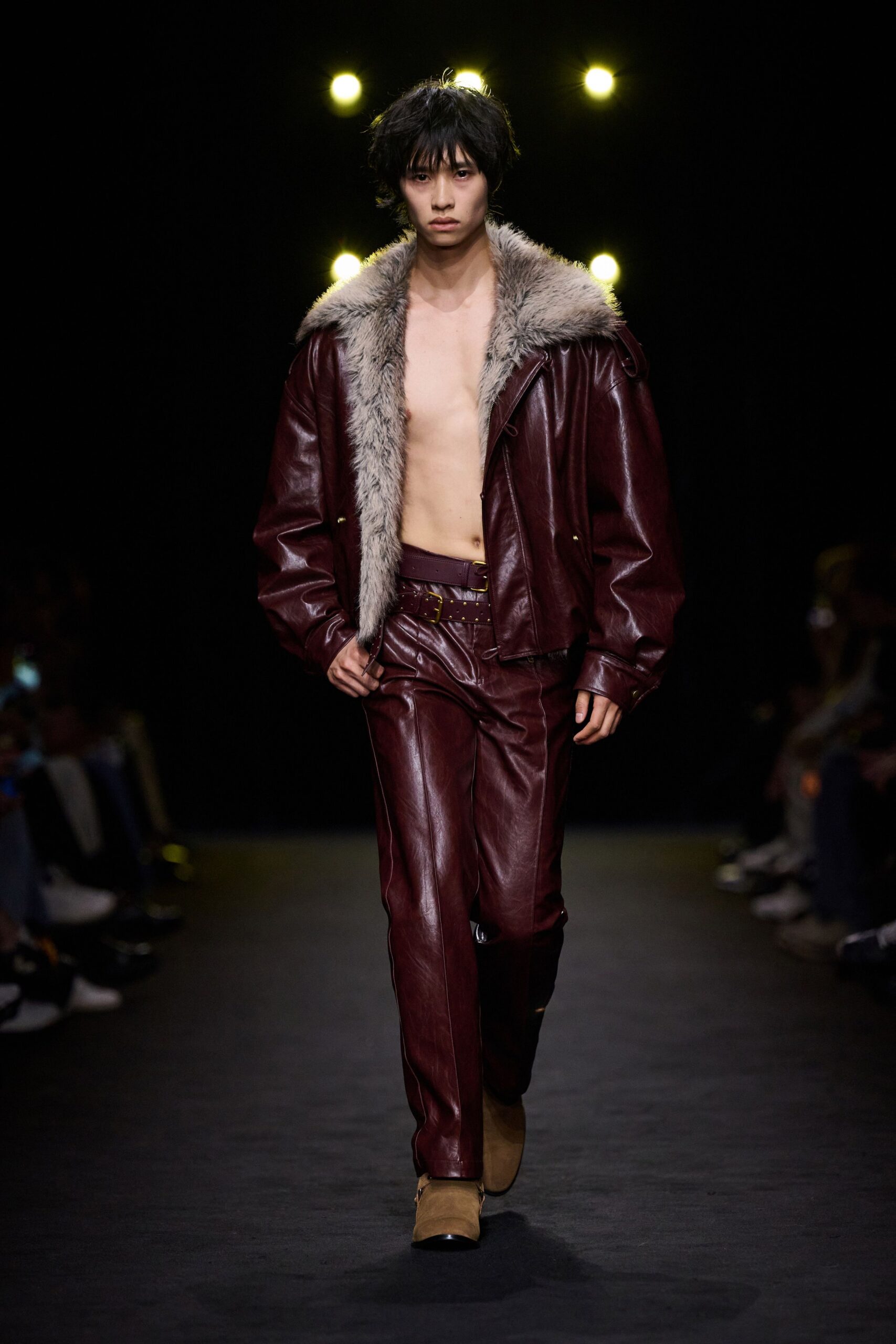 maroon leather long-sleeve relaxed jacket