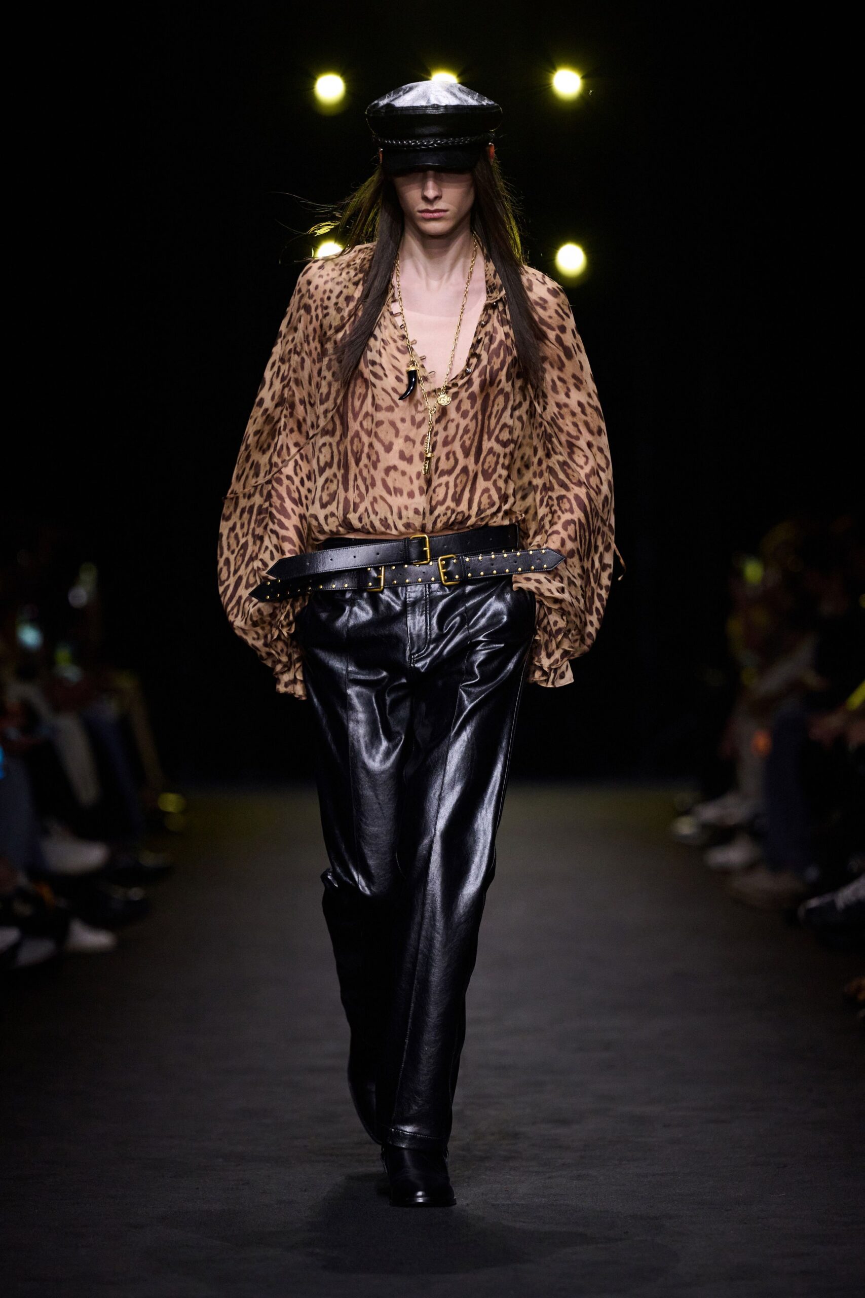 brown silk long-sleeve collared relaxed animal-print blouse
