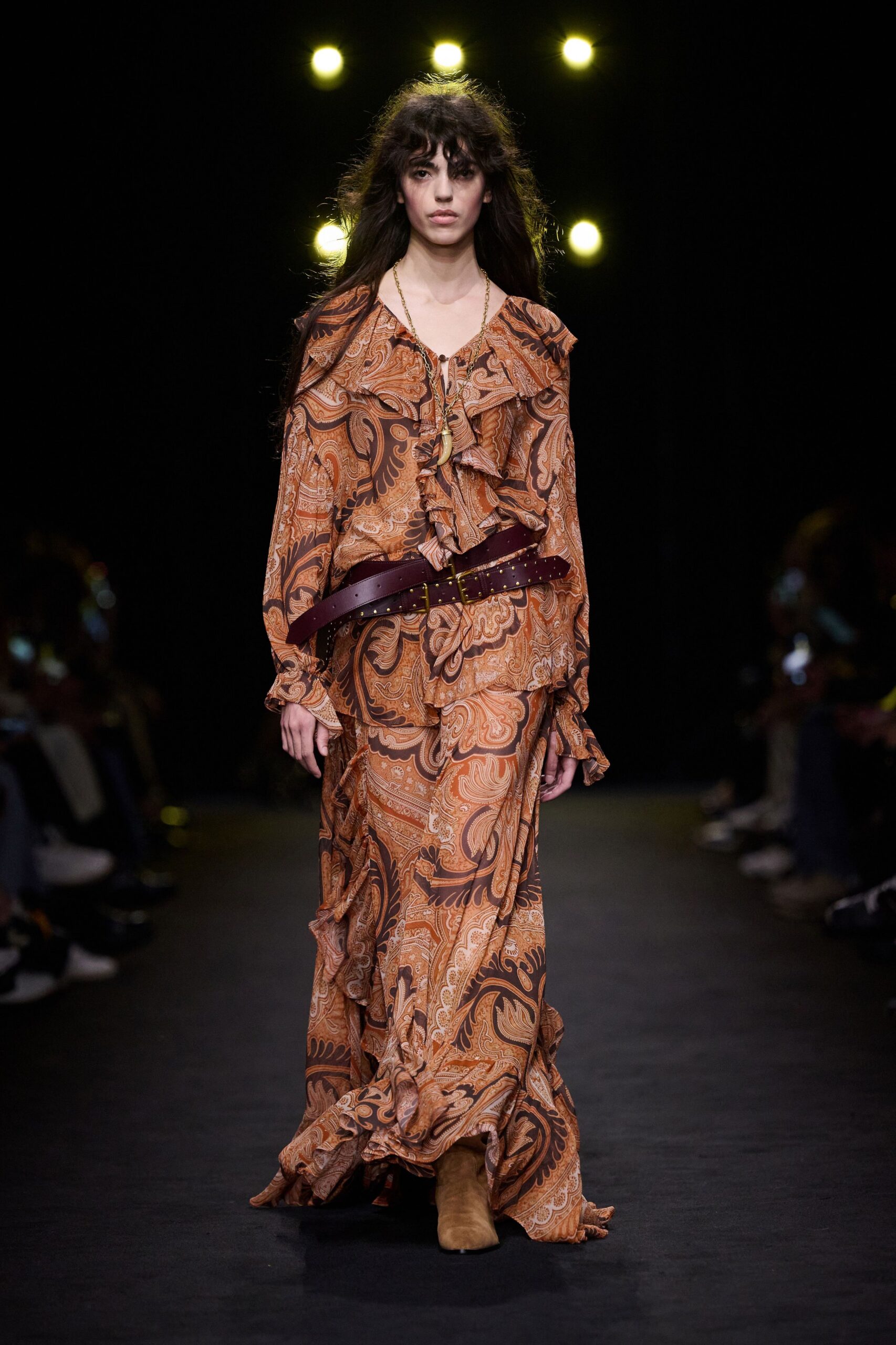 orange silk long-sleeve v-neck relaxed ruffled printed dress