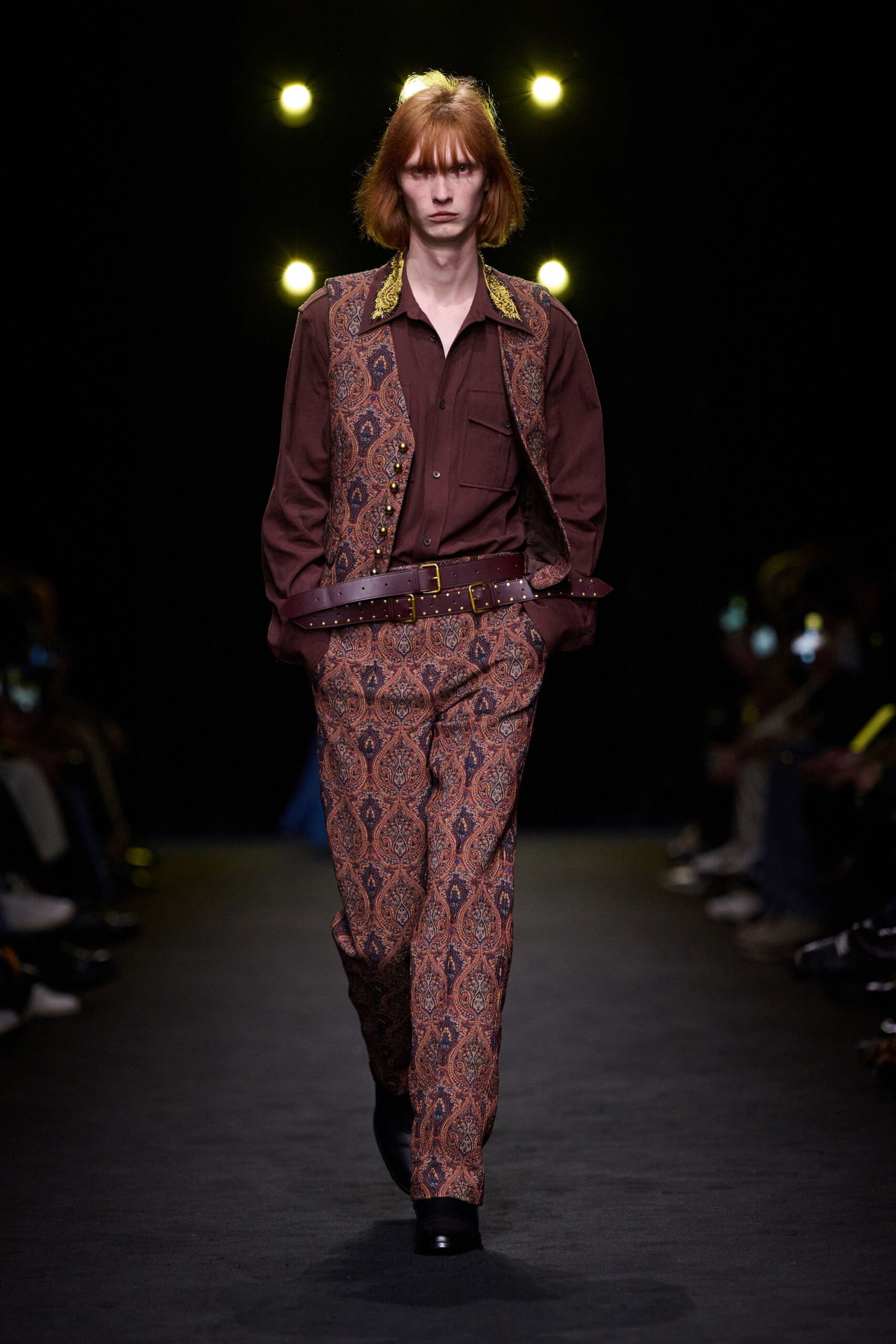 brown cotton long-sleeve collared relaxed printed vest