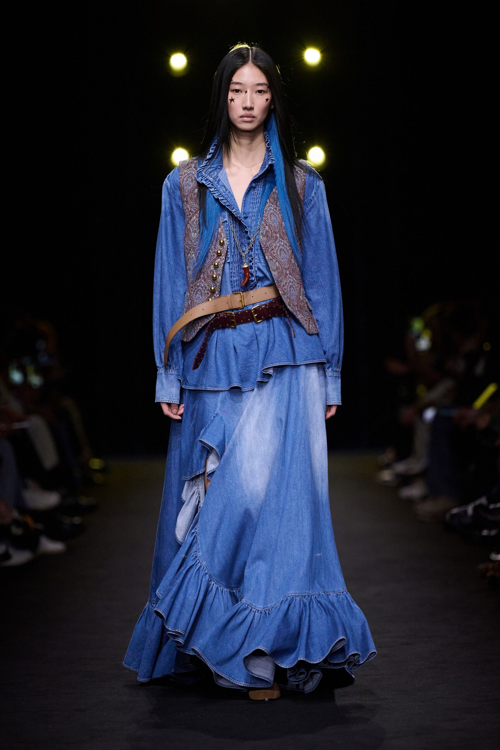 blue denim fitted tiered maxi skirt