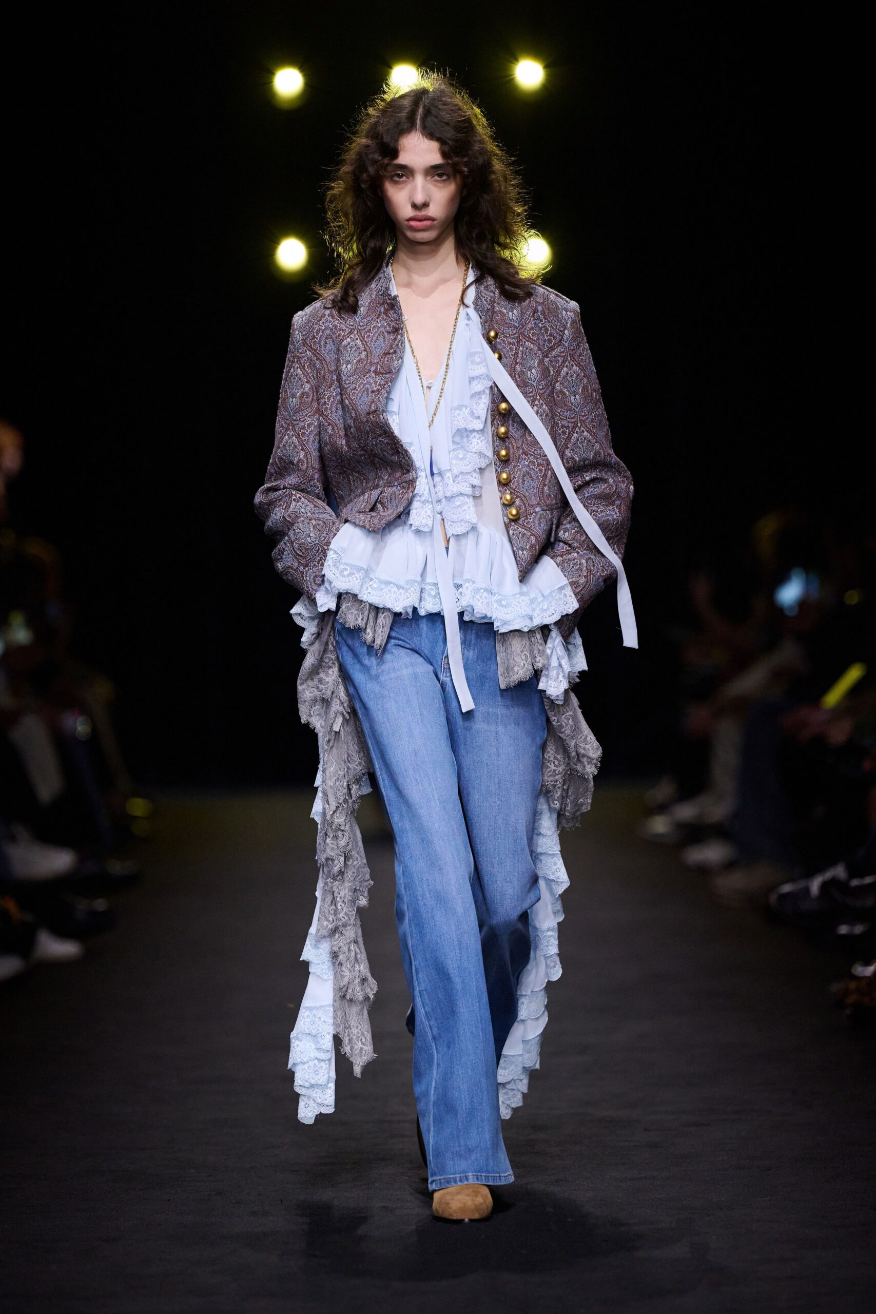 brown cotton long-sleeve collared relaxed embroidered fringed jacket