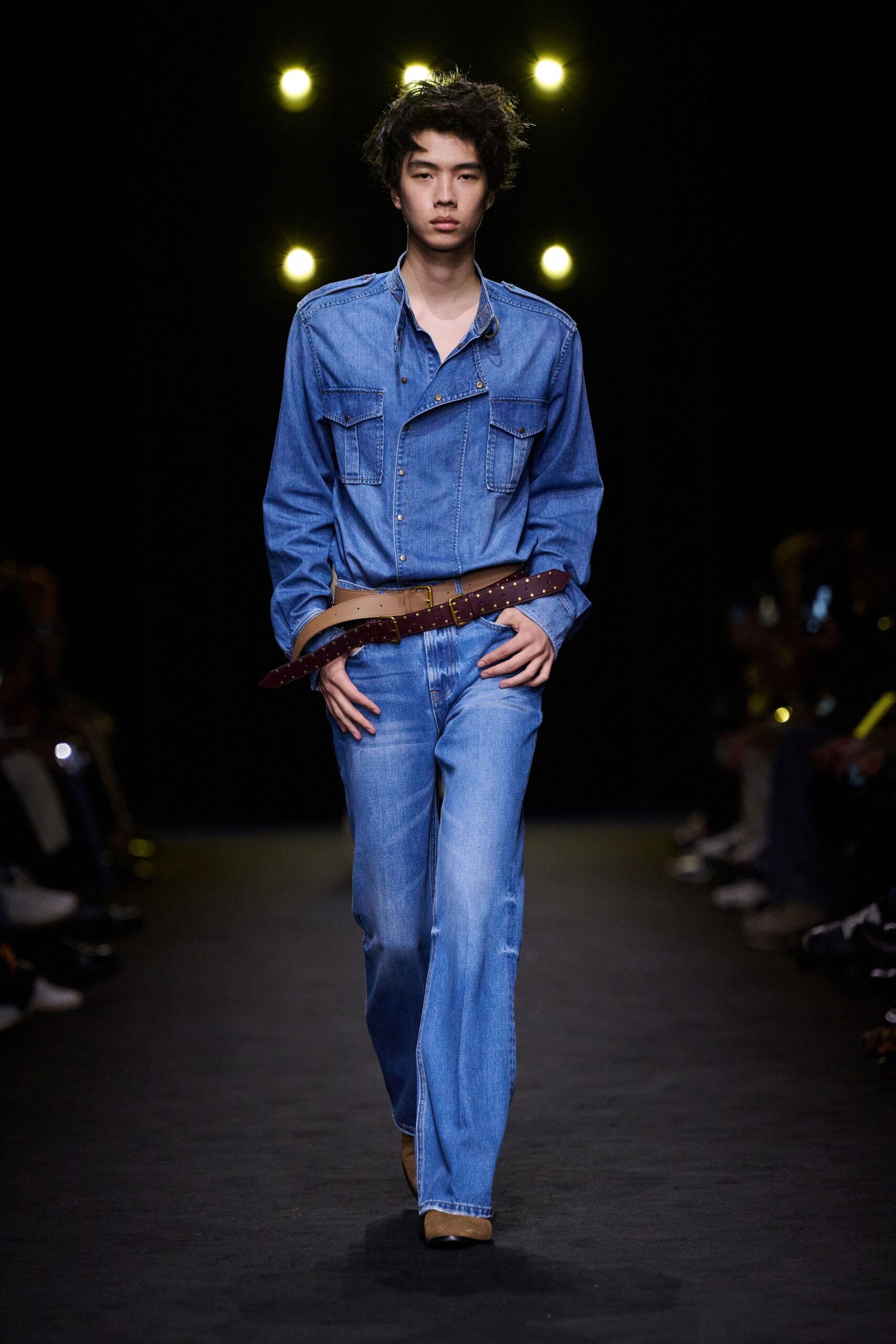blue denim long-sleeve collared relaxed buttoned shirt