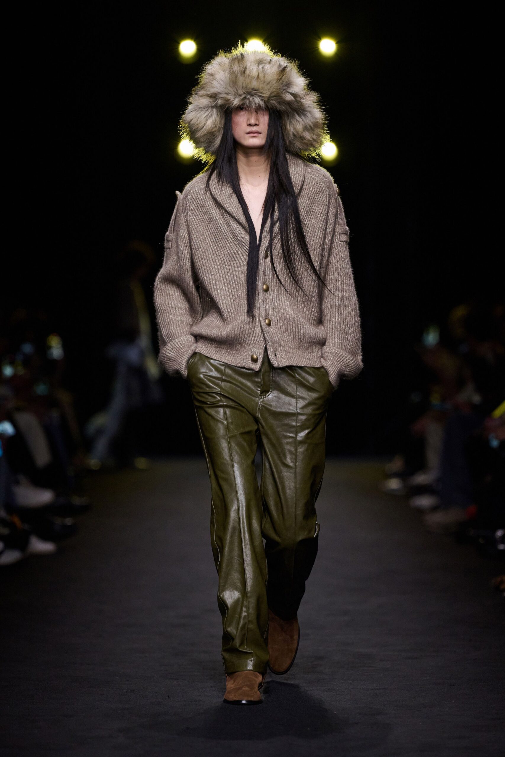 green leather fitted straight-leg pants