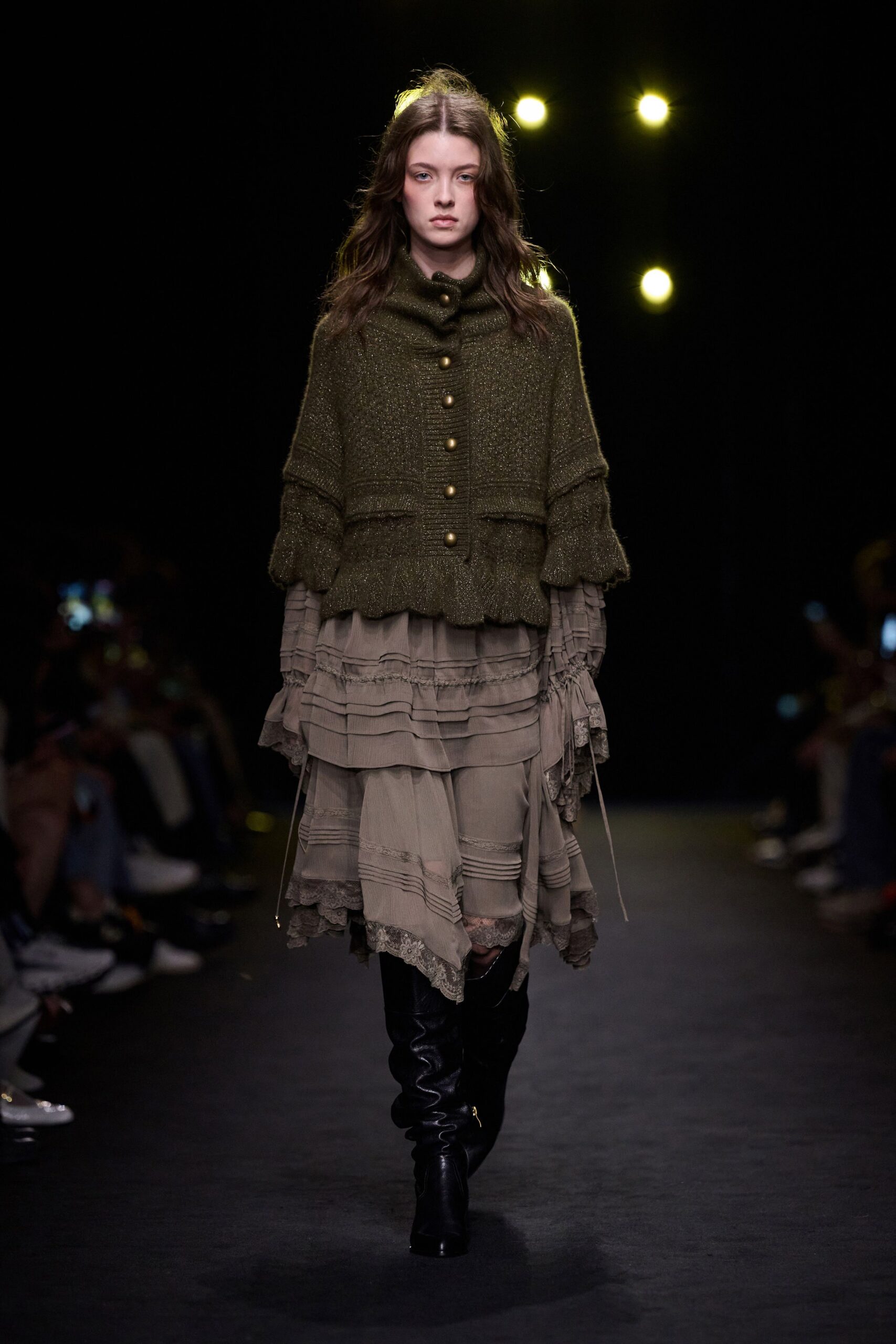 green wool long-sleeve collared relaxed buttoned ruffled sweater