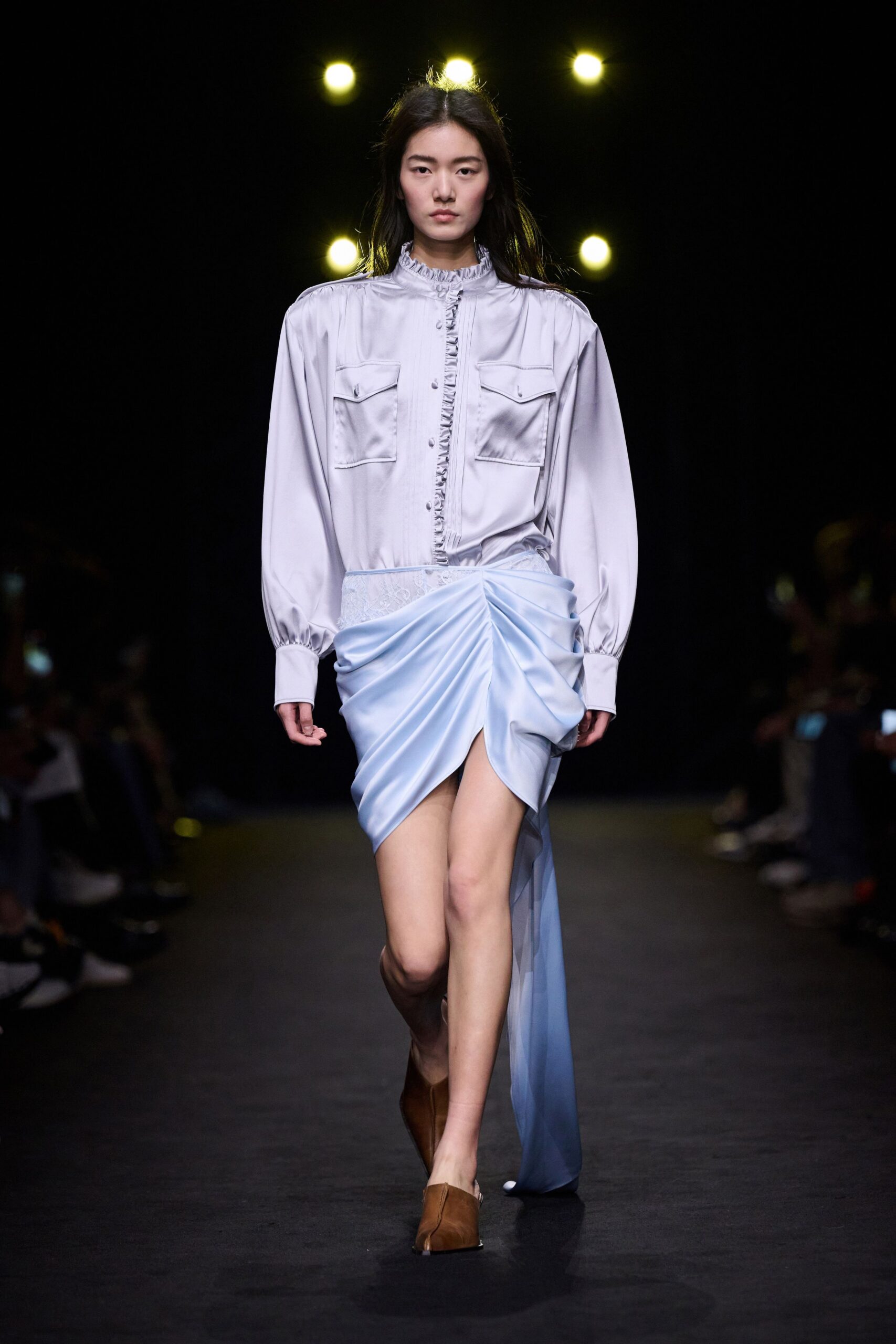gray silk long-sleeve collared relaxed buttoned shirt