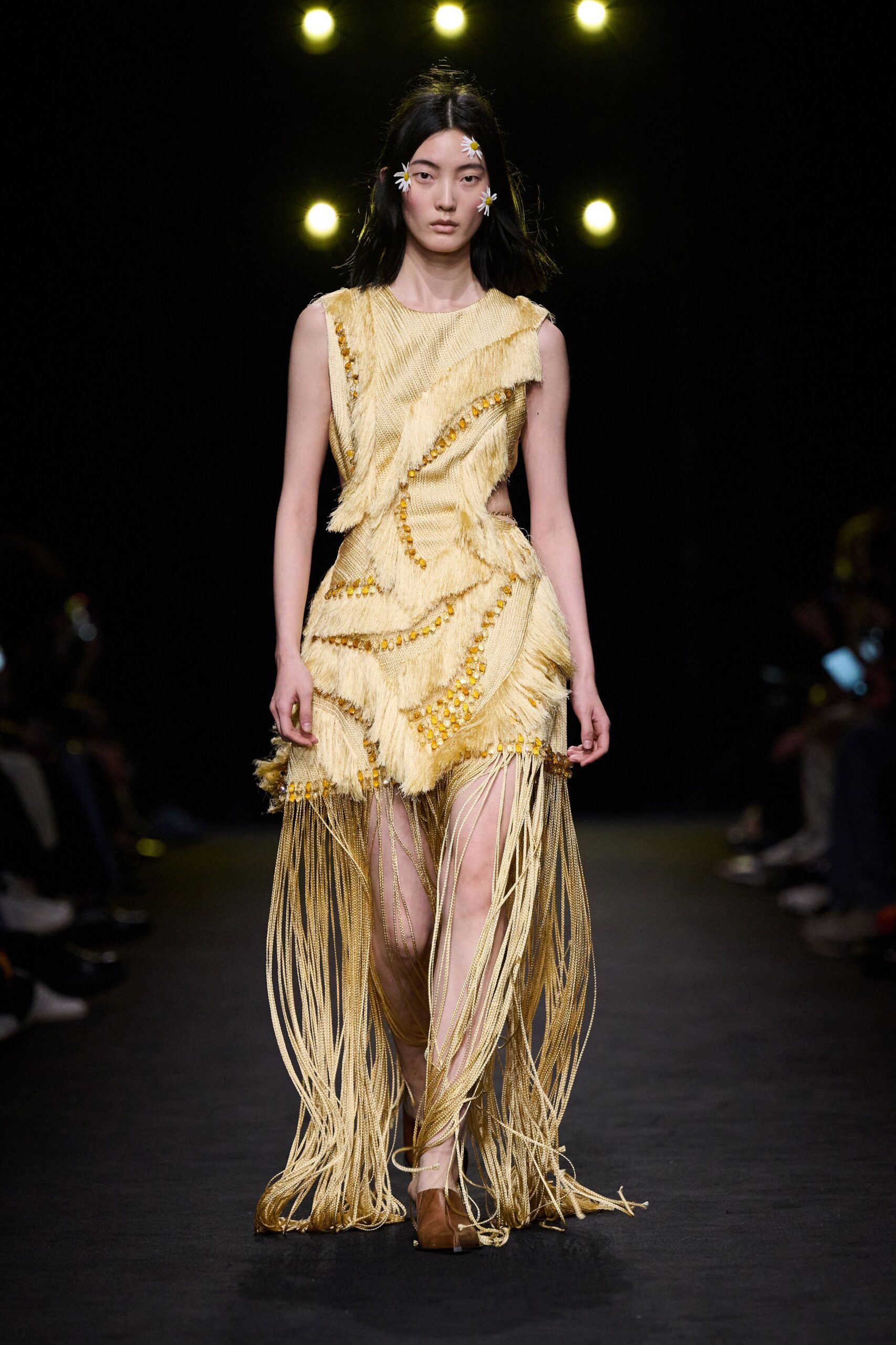yellow silk sleeveless high-neck fitted fringed layered dress