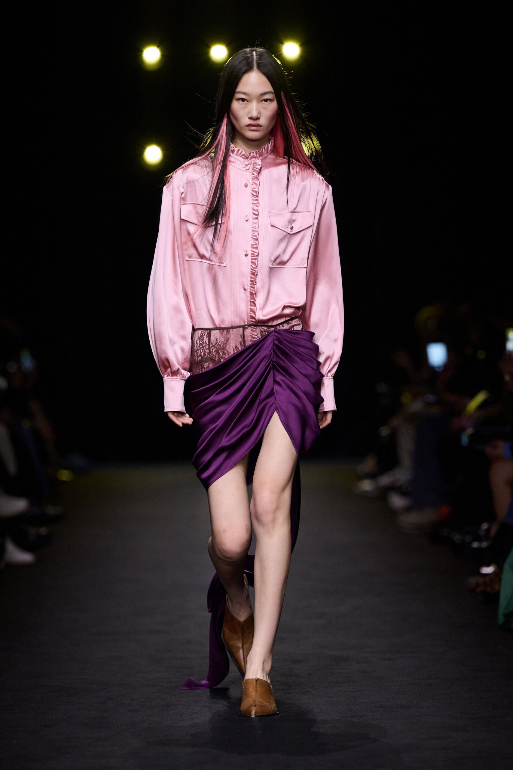 pink silk long-sleeve collared fitted buttoned shirt