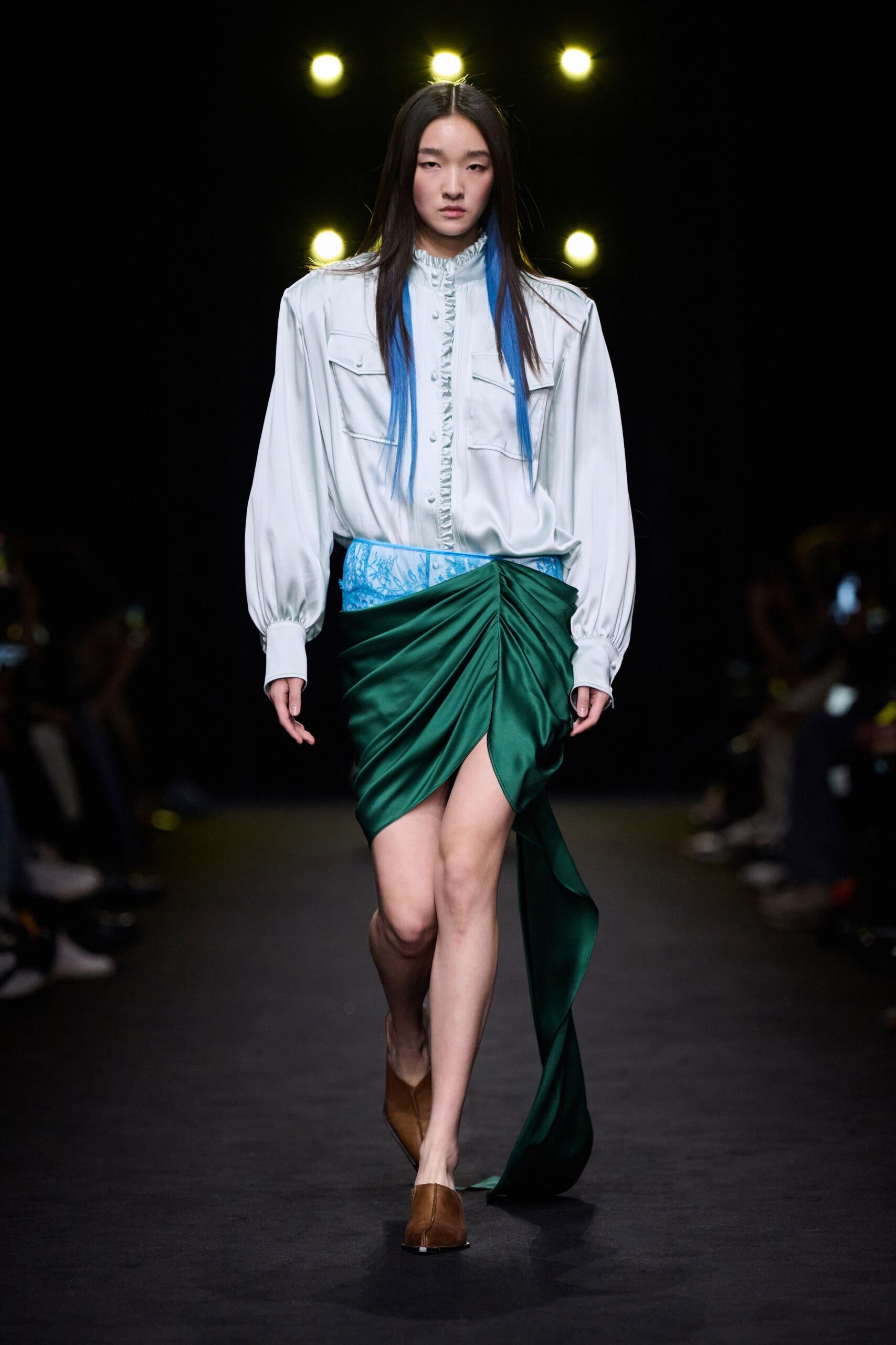 green silk asymmetric fitted ruched flowing skirt