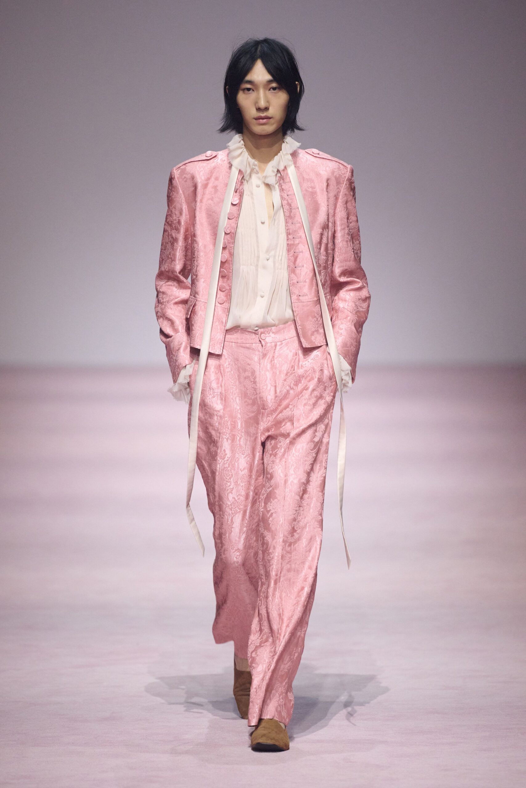 pink silk long-sleeve collared fitted pleated suit