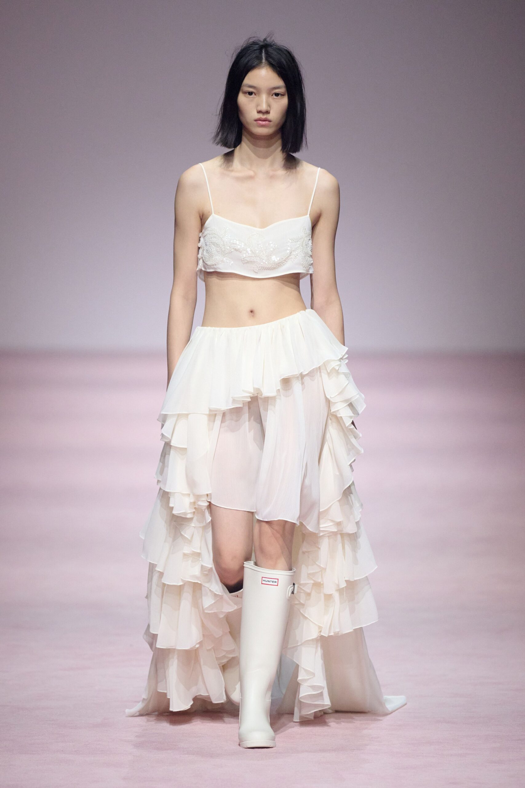 white silk sleeveless fitted ruffled cropped top