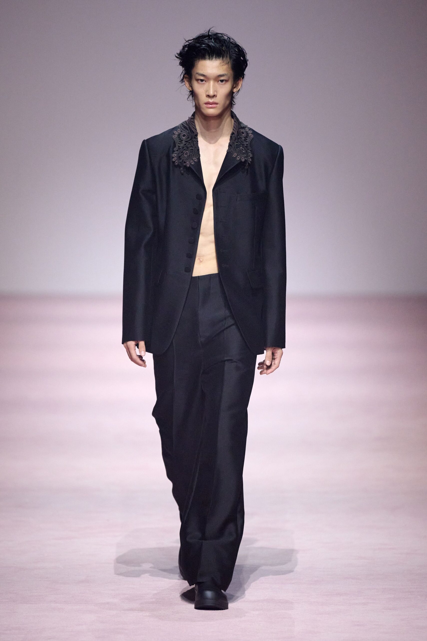 black silk long-sleeve collared fitted buttoned suit