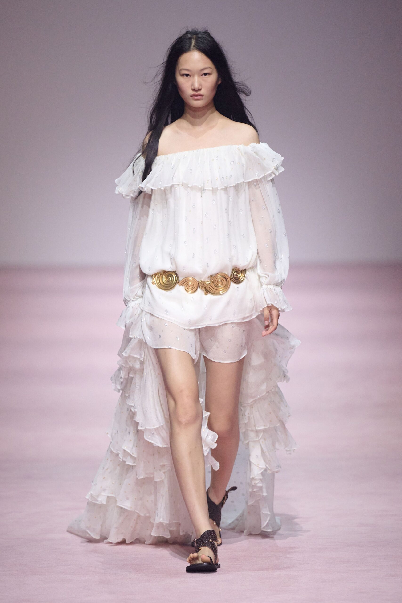 white chiffon off-shoulder long-sleeve relaxed ruffled tiered dress