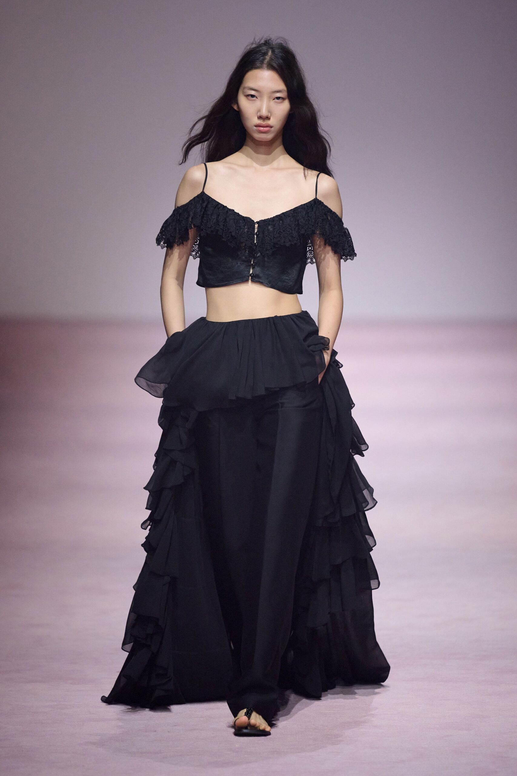 black lace sleeveless off-shoulder fitted ruffled top