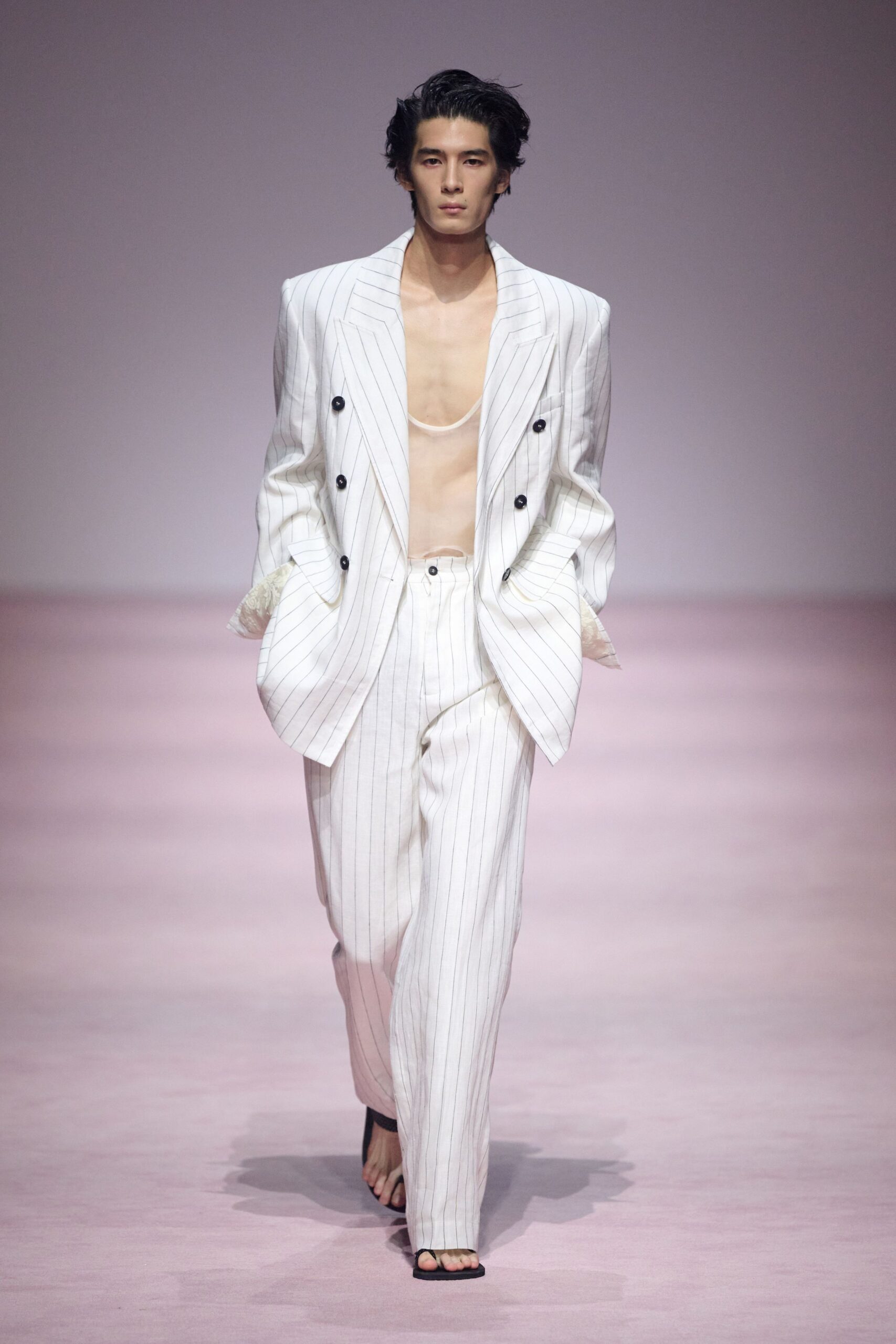 white cotton long-sleeve collared tailored striped buttoned suit