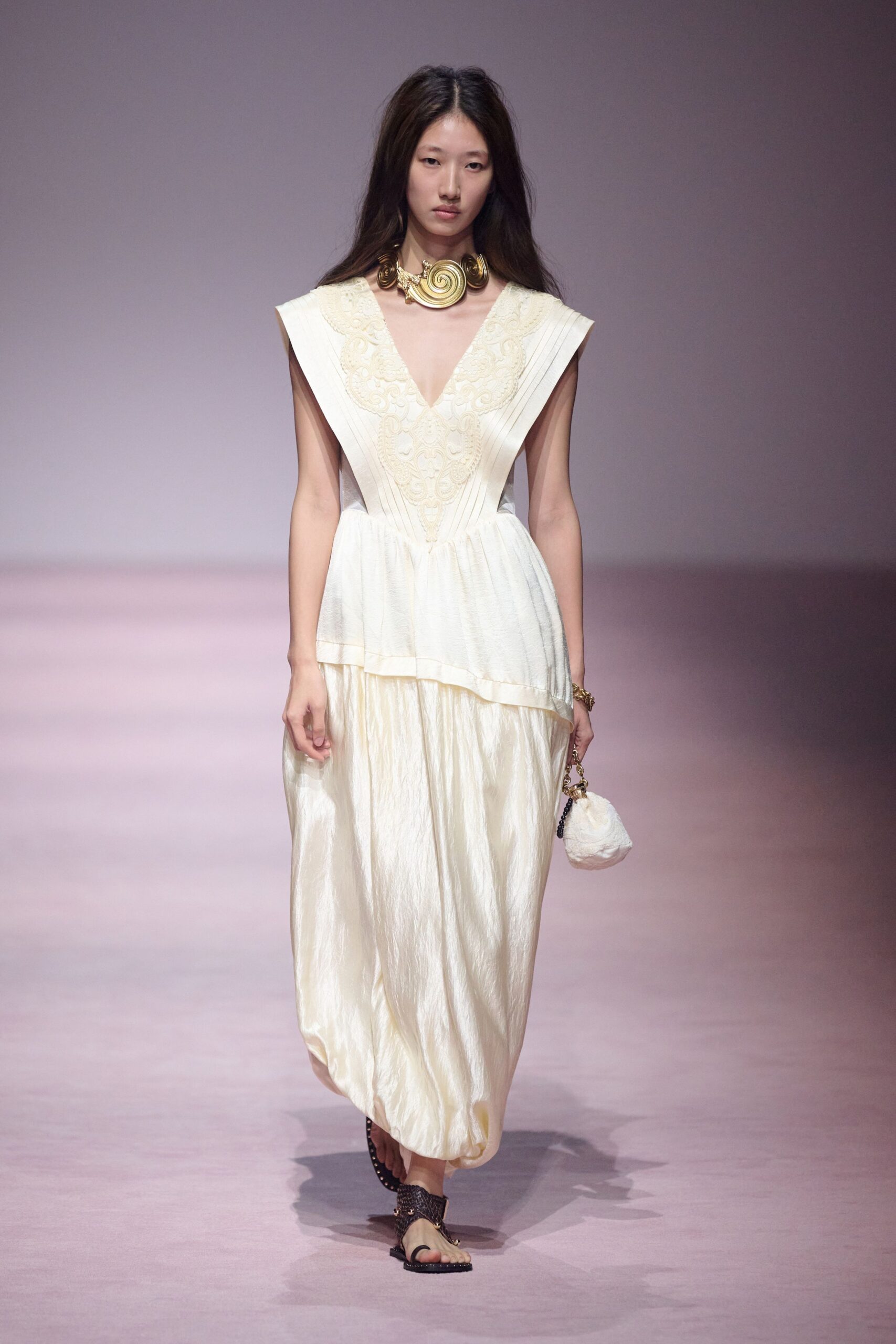 ivory silk sleeveless v-neck relaxed pleated embroidered dress