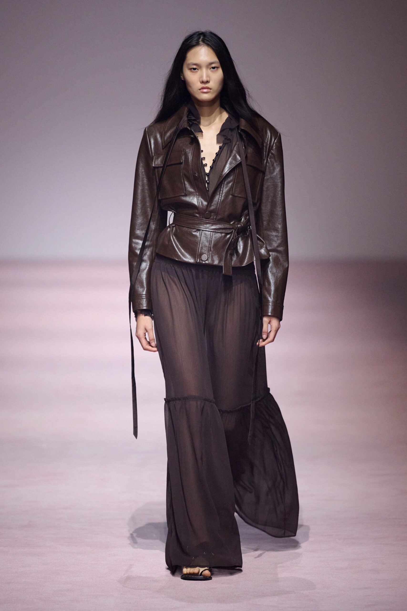 brown leather long-sleeve collared fitted zippered jacket