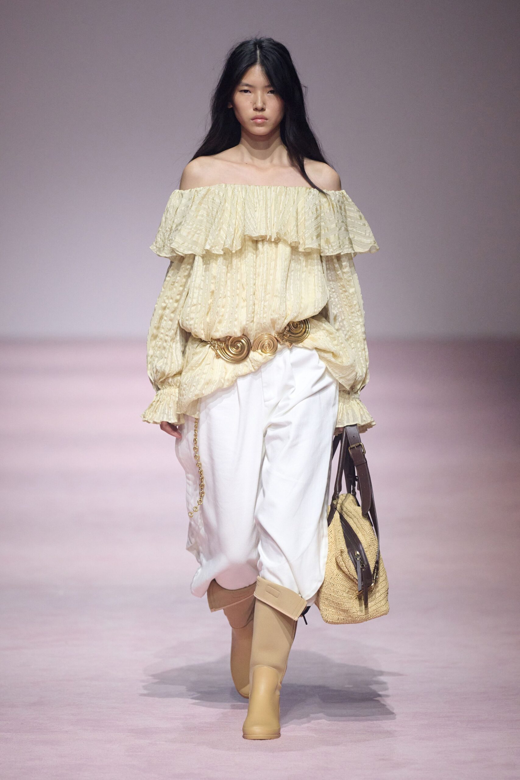 yellow cotton off-shoulder long-sleeve relaxed ruffled blouse