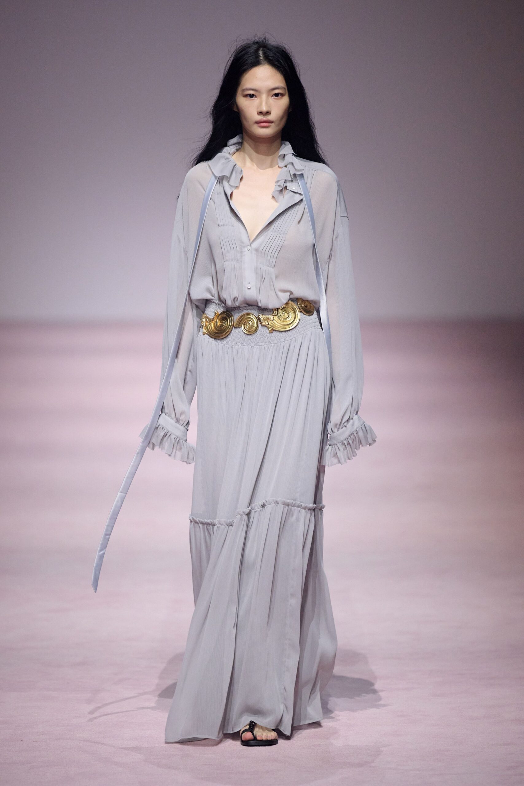 gray silk long-sleeve v-neck relaxed ruffled tiered dress