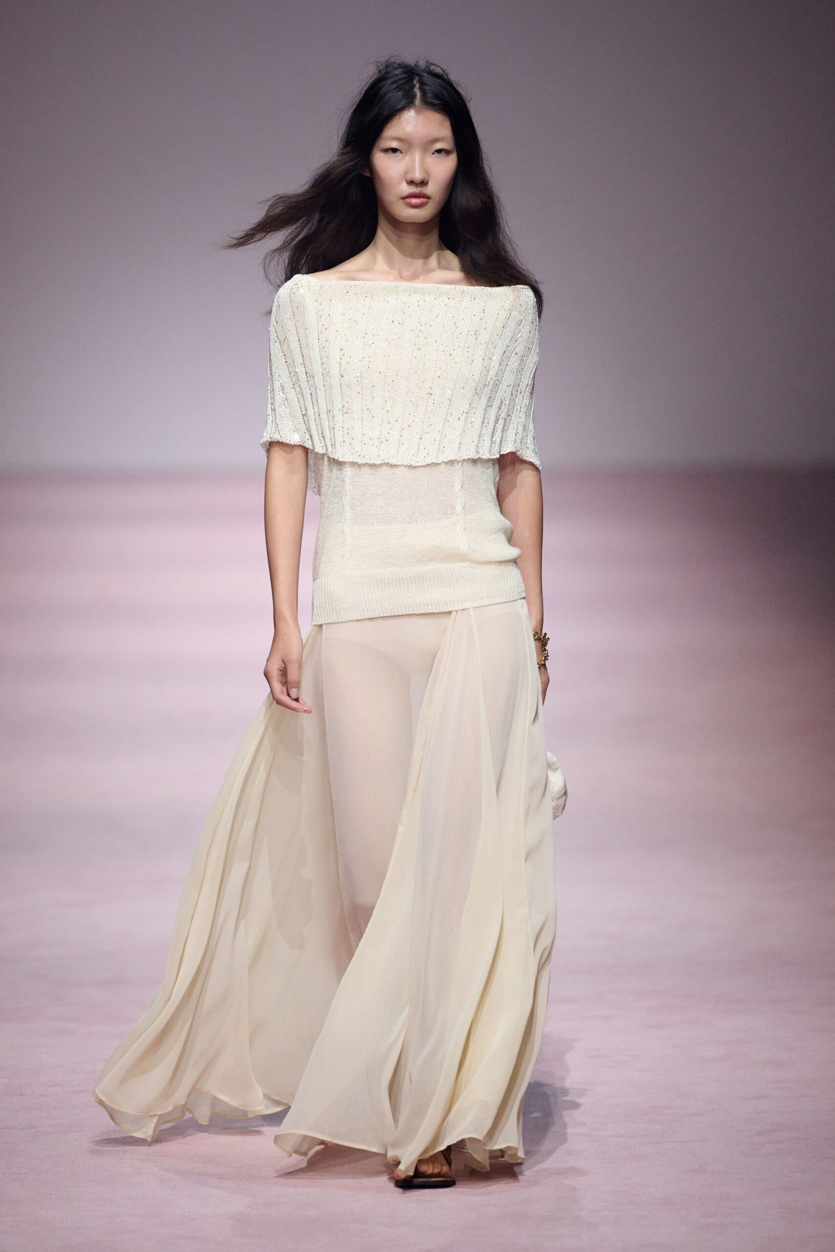 beige chiffon long-sleeve relaxed layered flowing maxi skirt