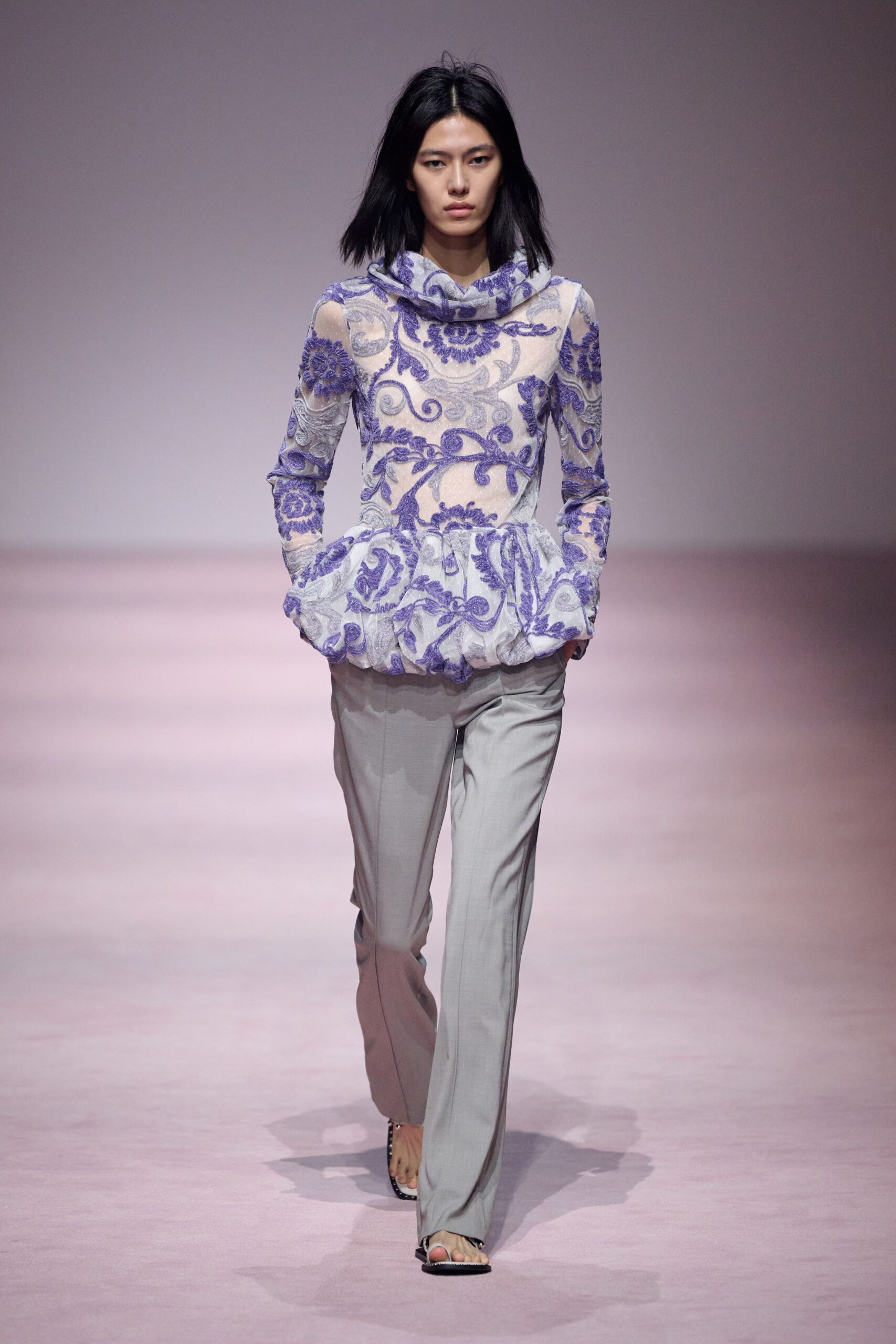 blue silk long-sleeve high-neck fitted pleated embroidered top