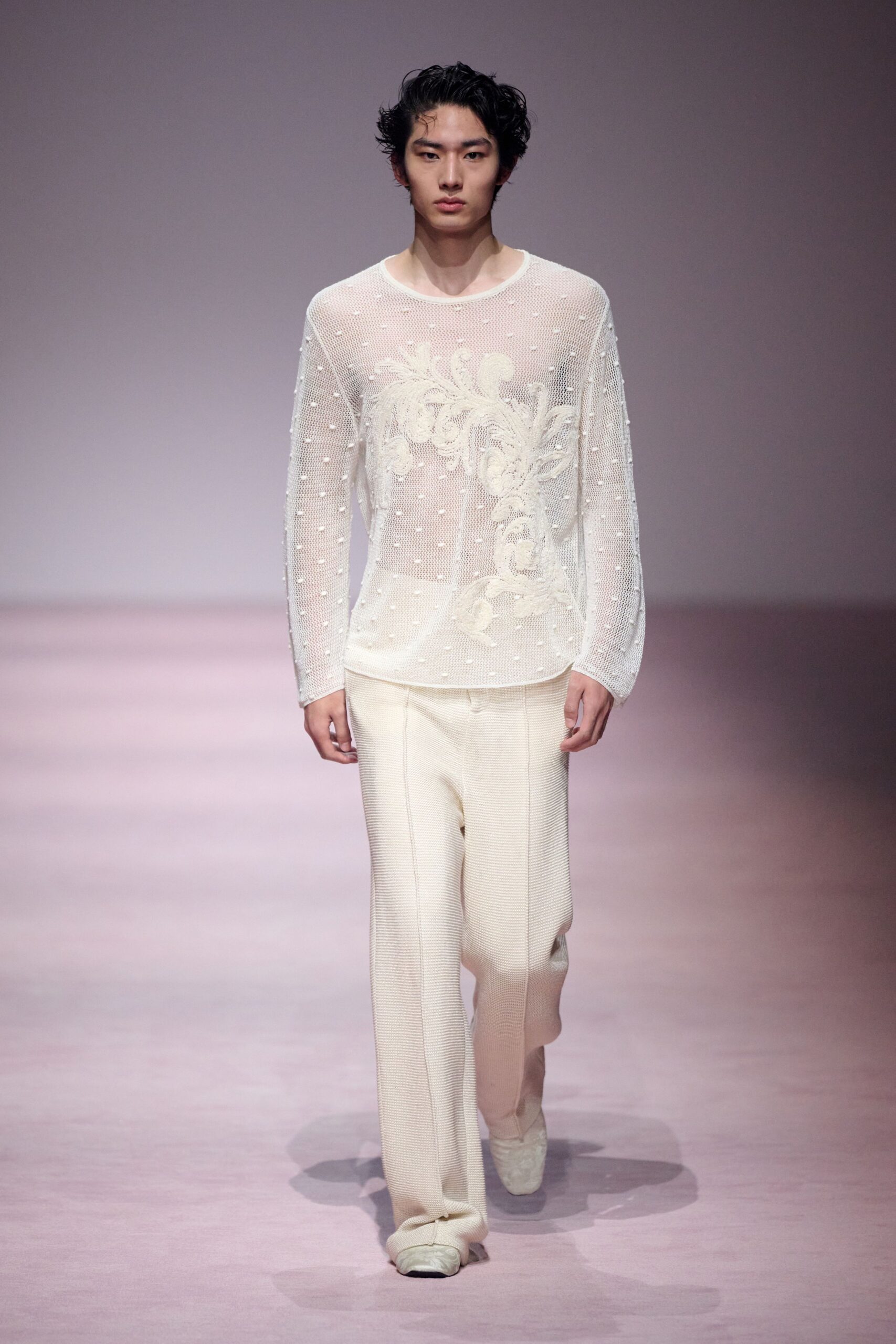 white silk long-sleeve v-neck relaxed embroidered top
