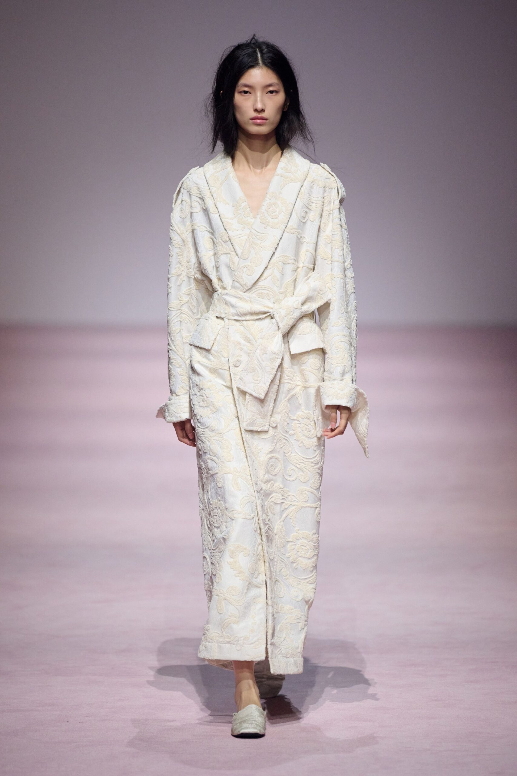 white silk long-sleeve collared relaxed embroidered maxi coat