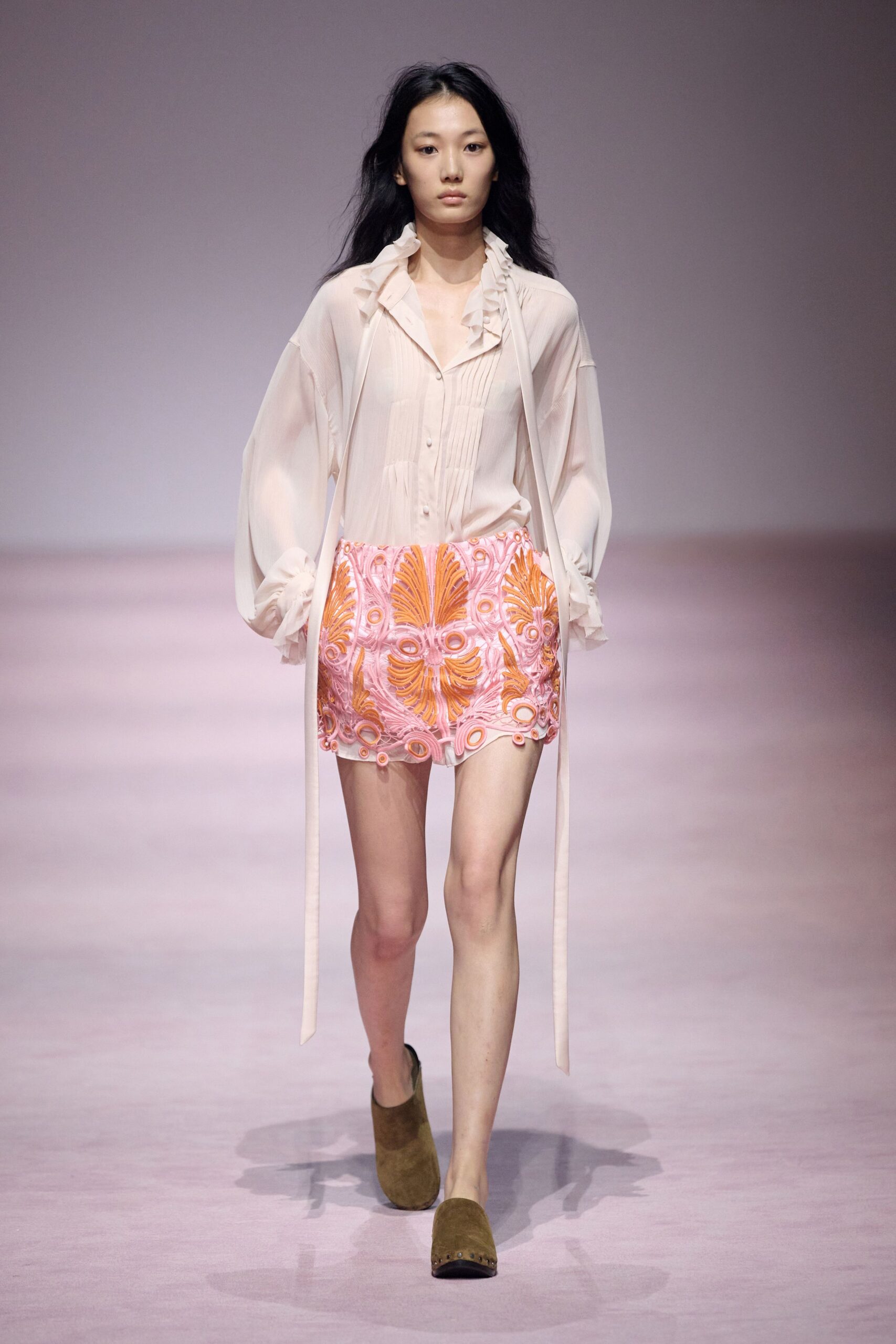 pink silk long-sleeve collared relaxed ruffled blouse