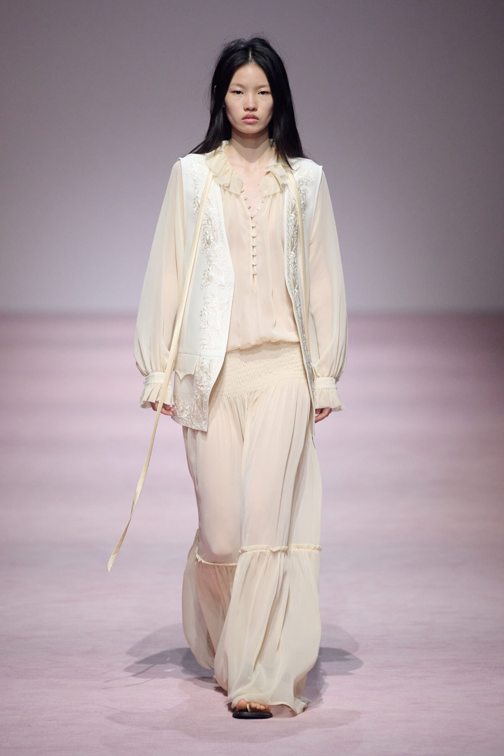 ivory chiffon long-sleeve collared relaxed buttoned flowing blouse