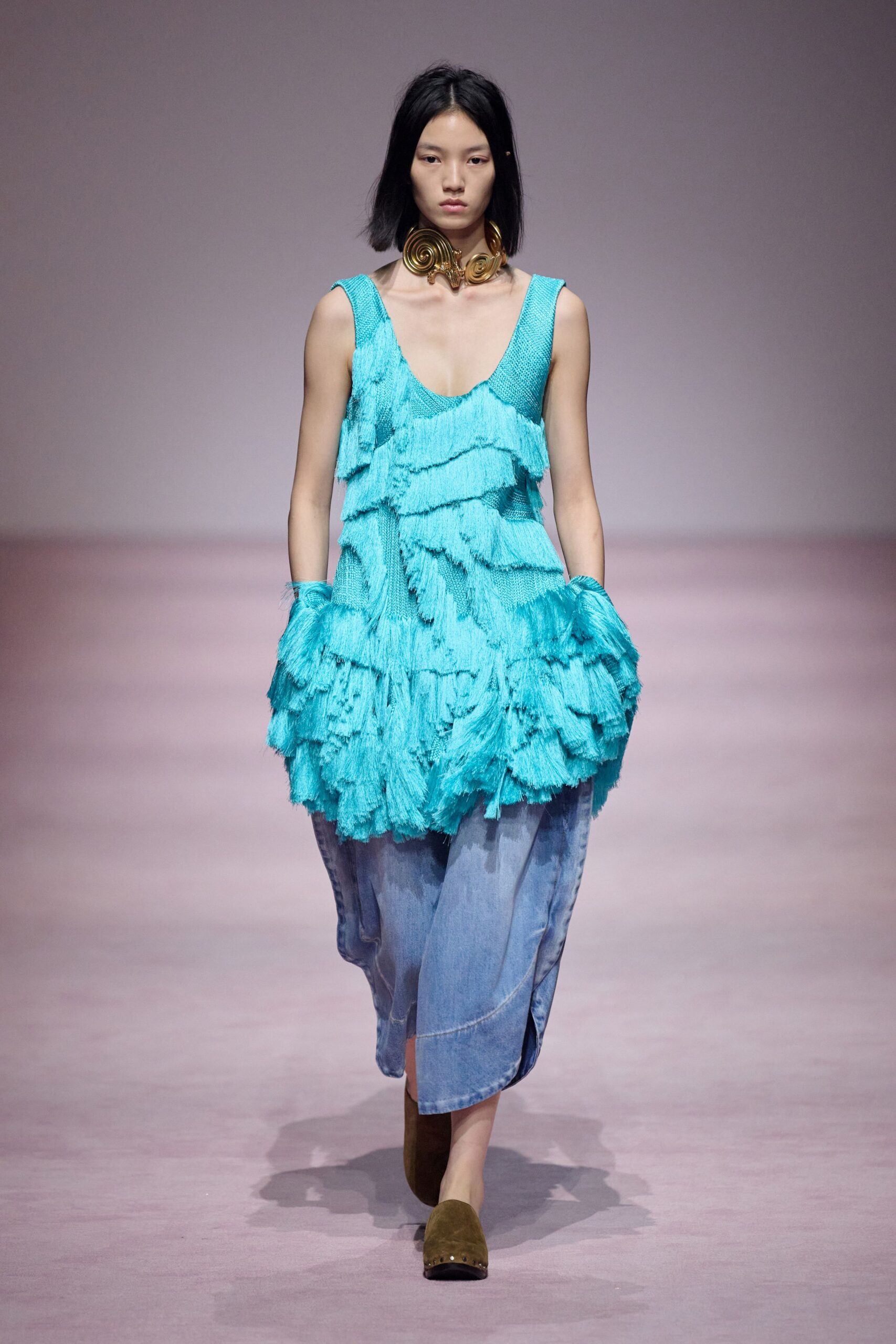 blue cotton sleeveless v-neck relaxed ruffled midi dress