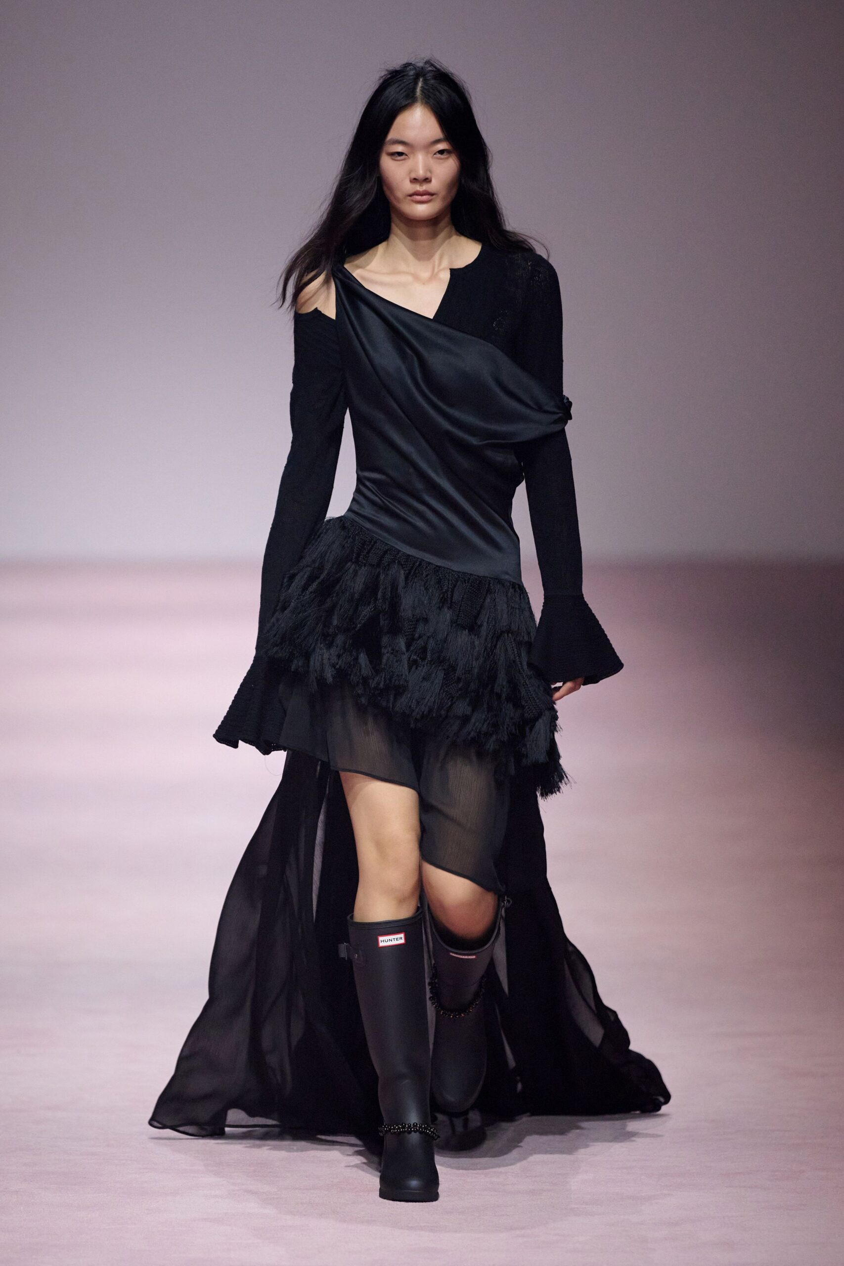 black silk long-sleeve off-shoulder fitted ruffled layered dress