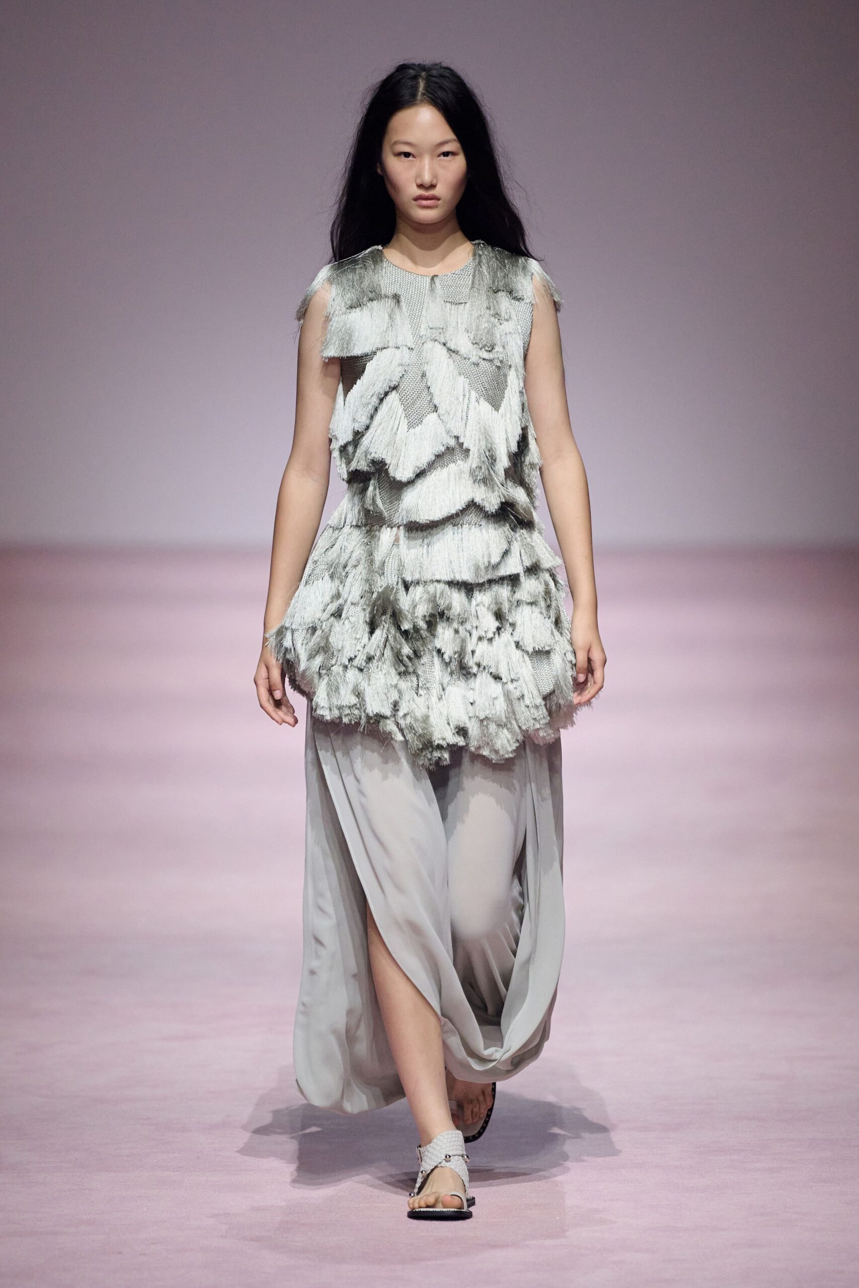 gray silk sleeveless asymmetric fitted ruffled layered dress