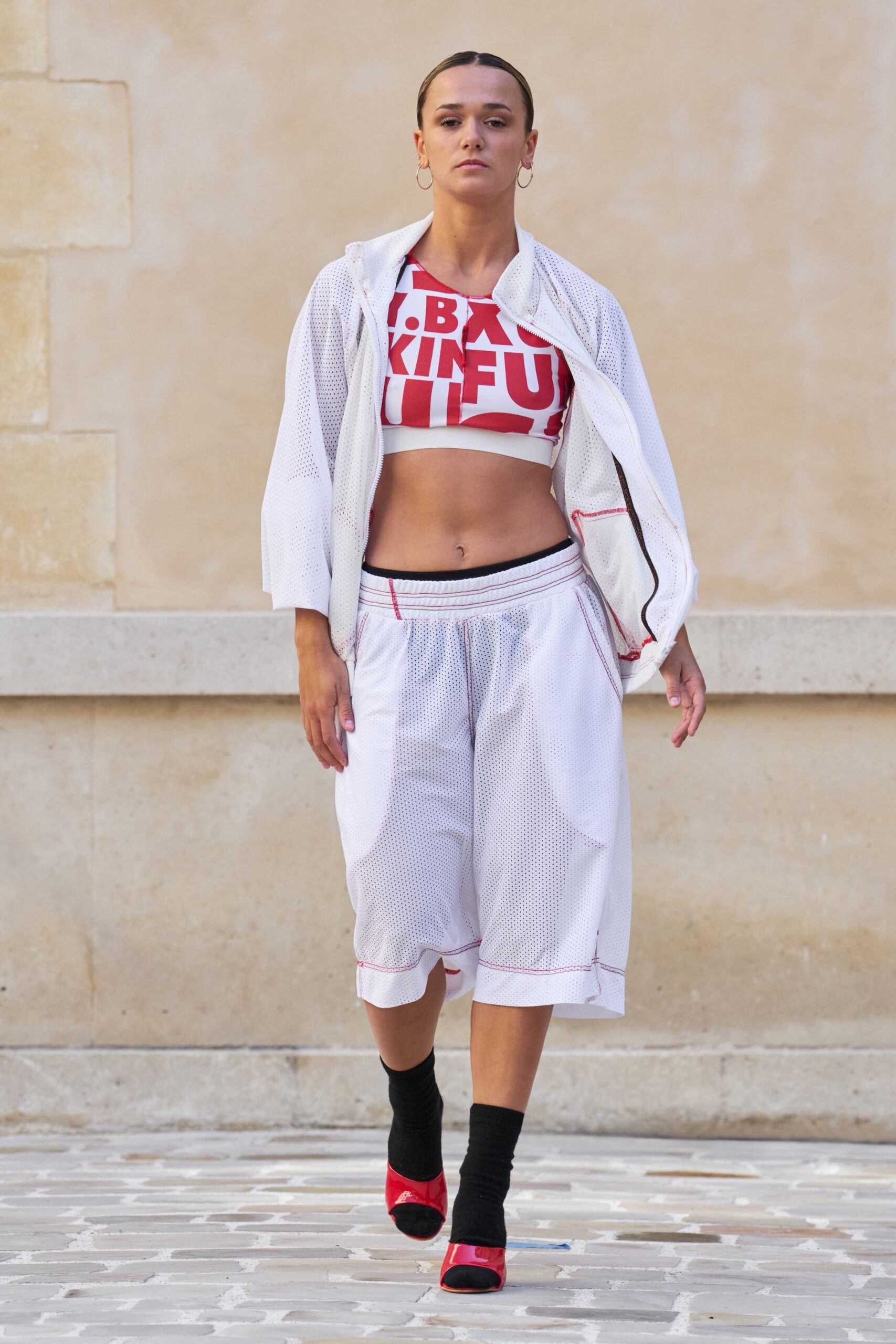 red and white mesh outfit