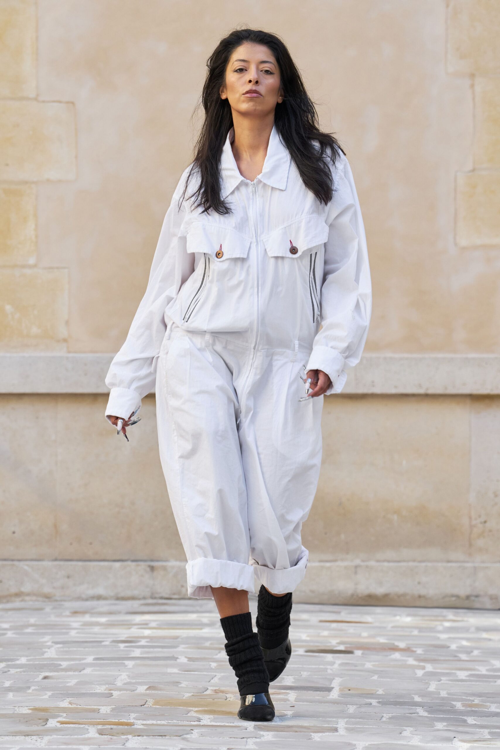 white cotton long-sleeve collared relaxed zippered pockets jumpsuit