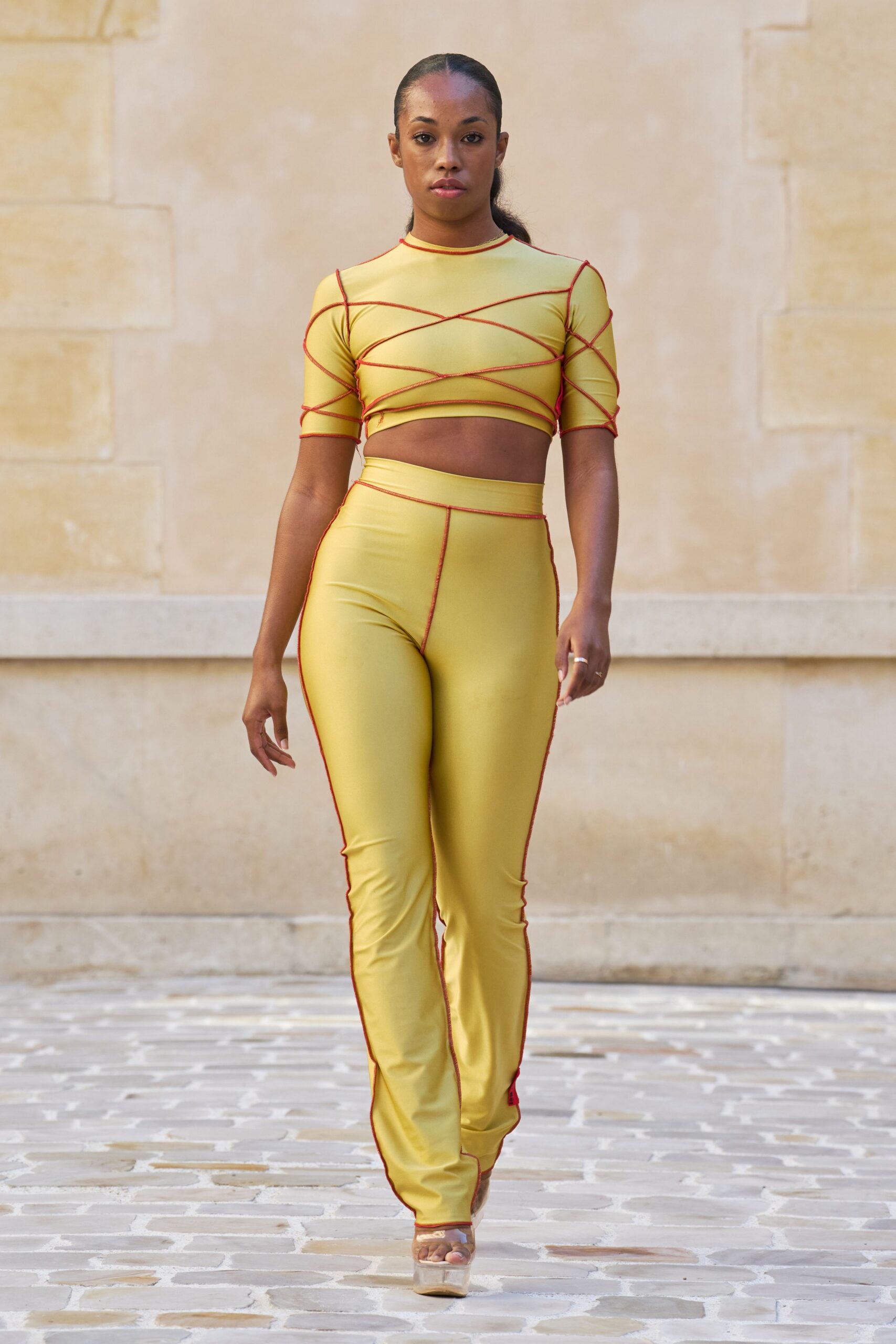yellow neoprene sleeveless high-neck fitted ruched cropped crop-top