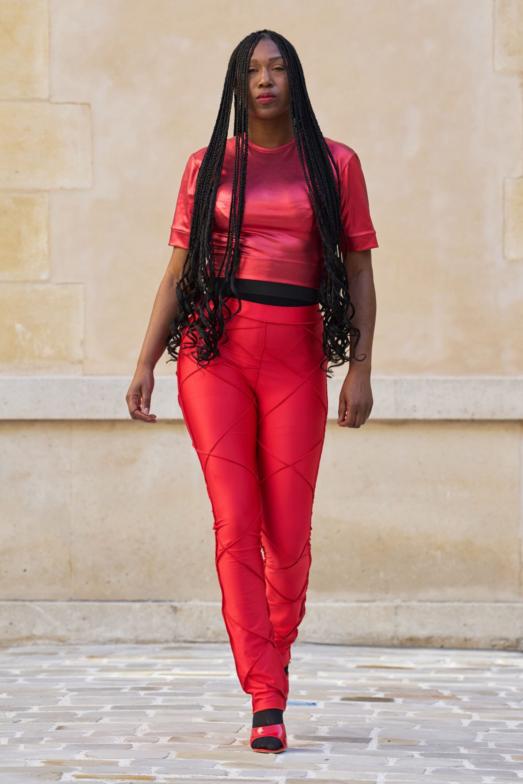 red silk short-sleeve high-neck fitted shiny top