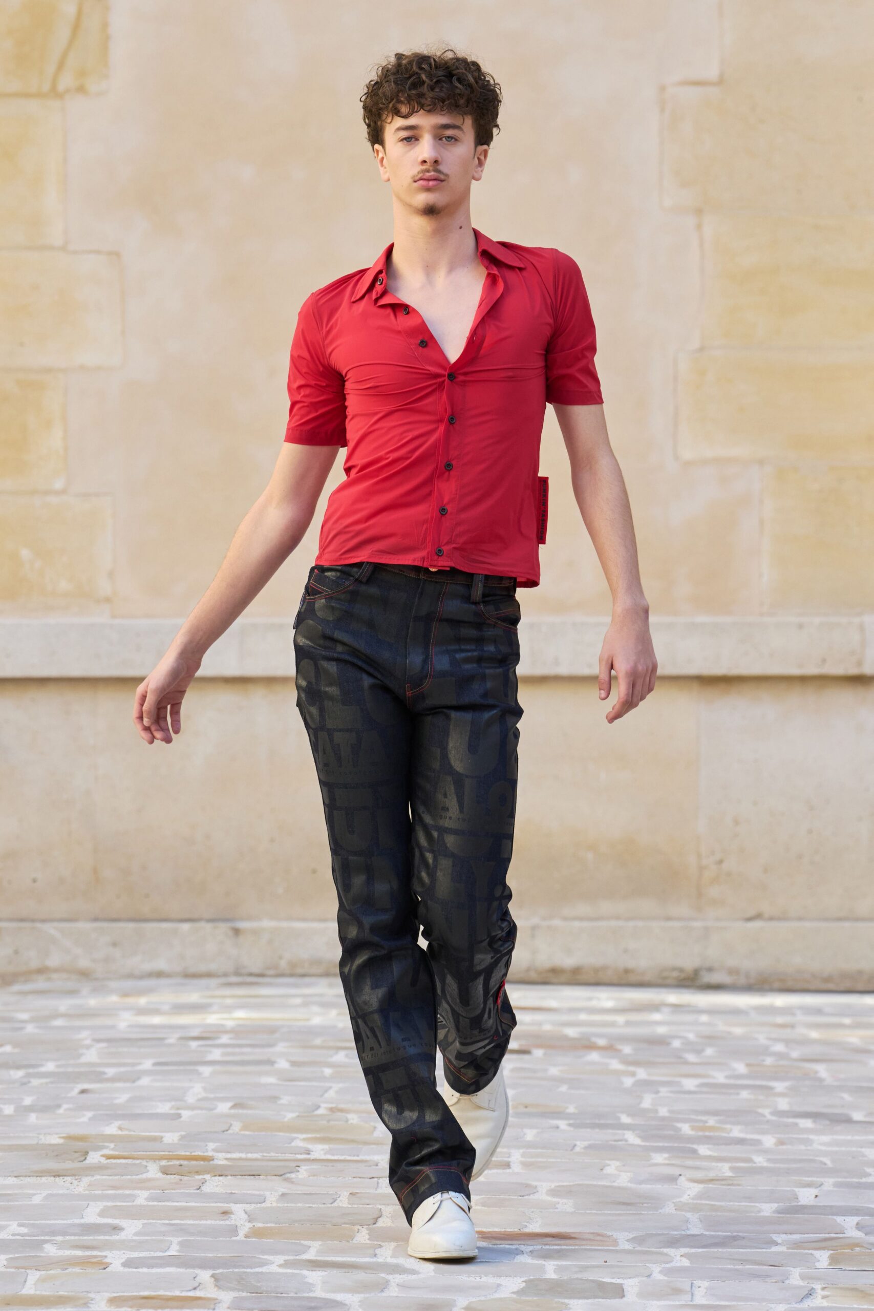 red cotton short-sleeve v-neck fitted ruched shirt