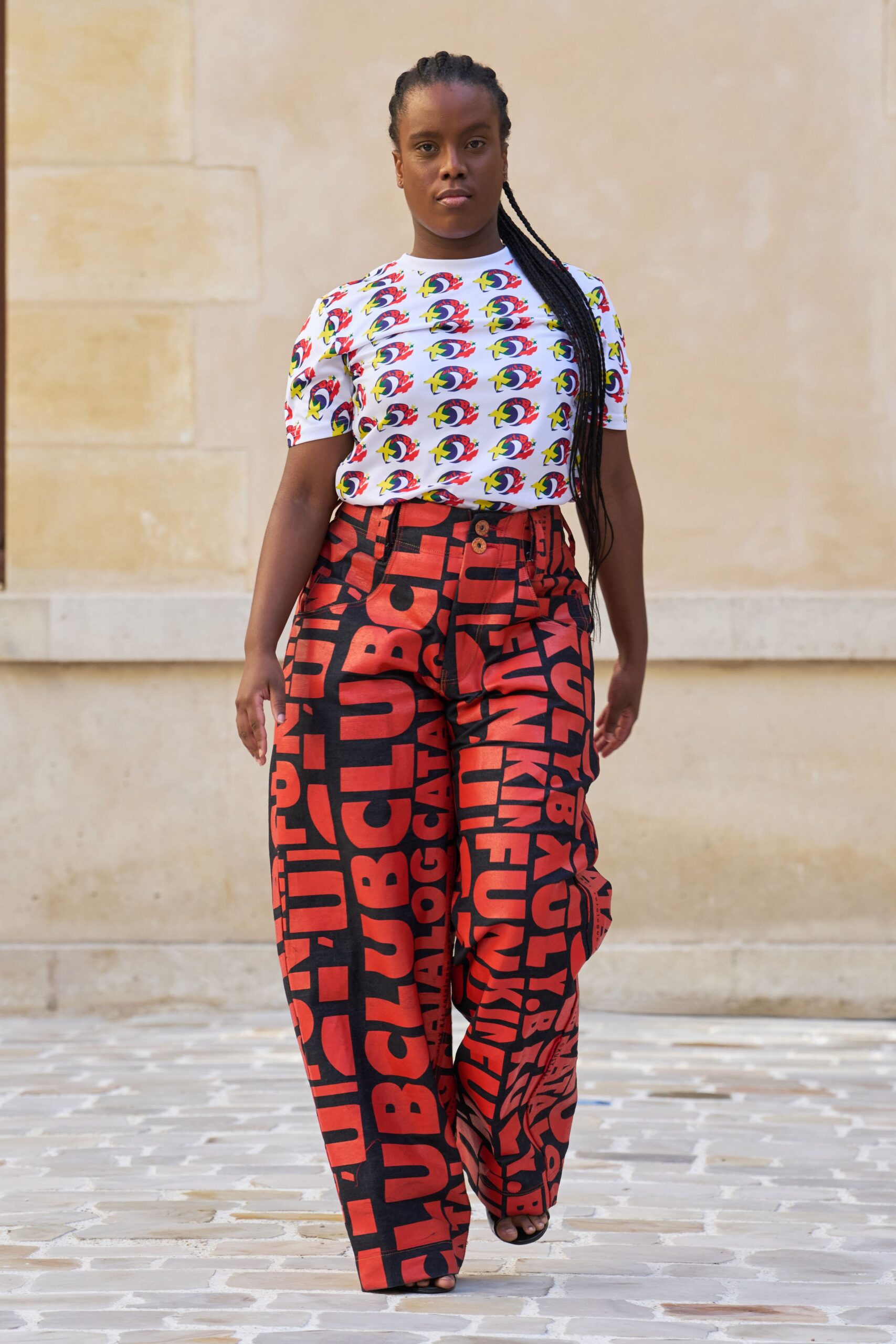 red cotton relaxed wide-leg printed pants