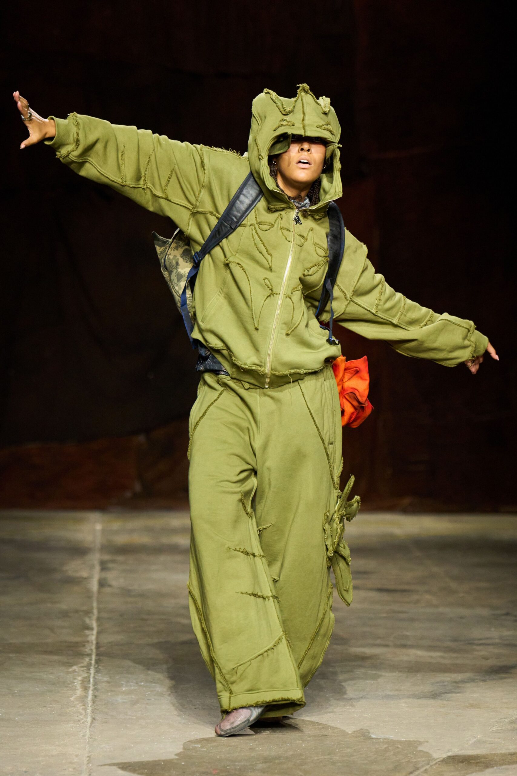 green cotton hooded long-sleeve oversized zippered jacket