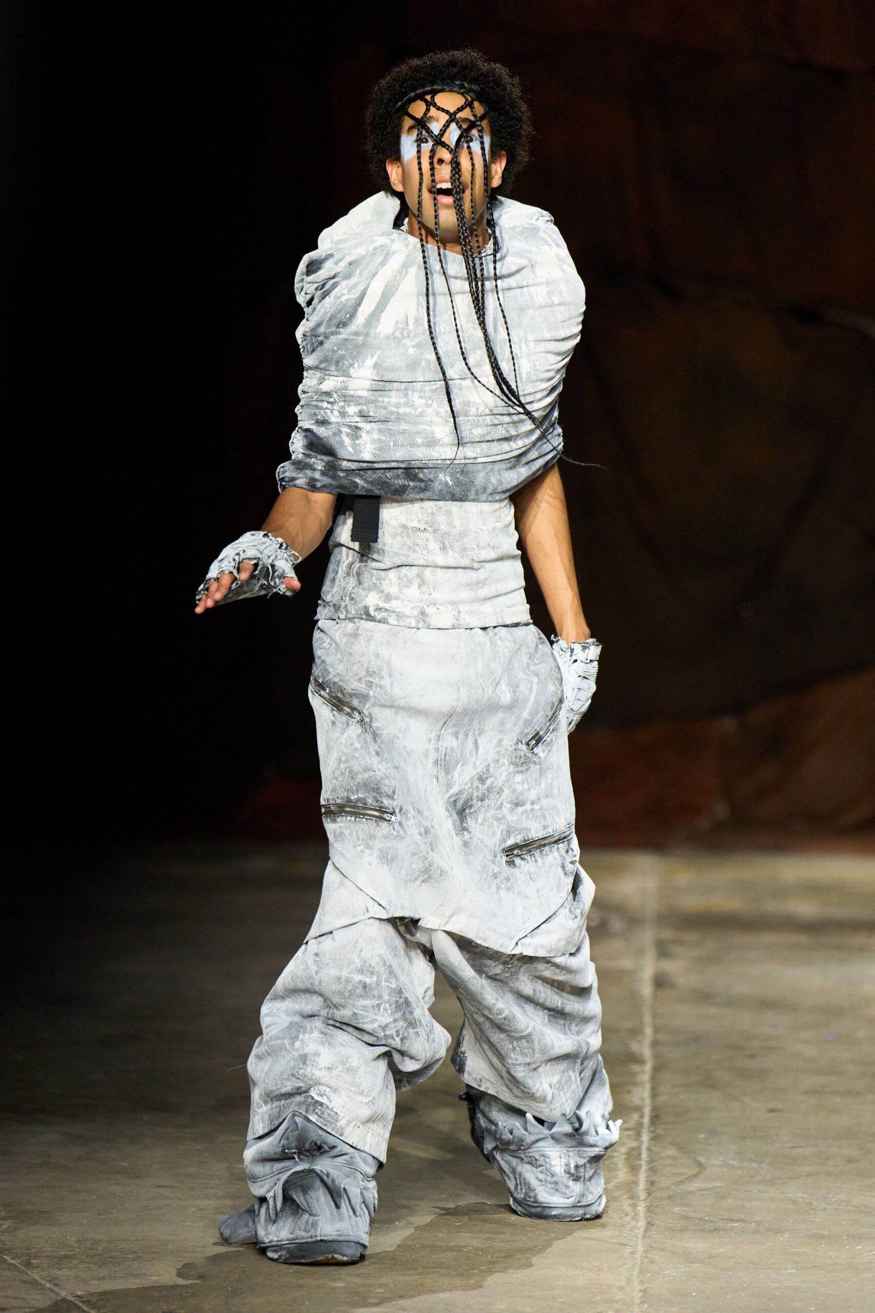 gray cotton long-sleeve relaxed distressed jumpsuit