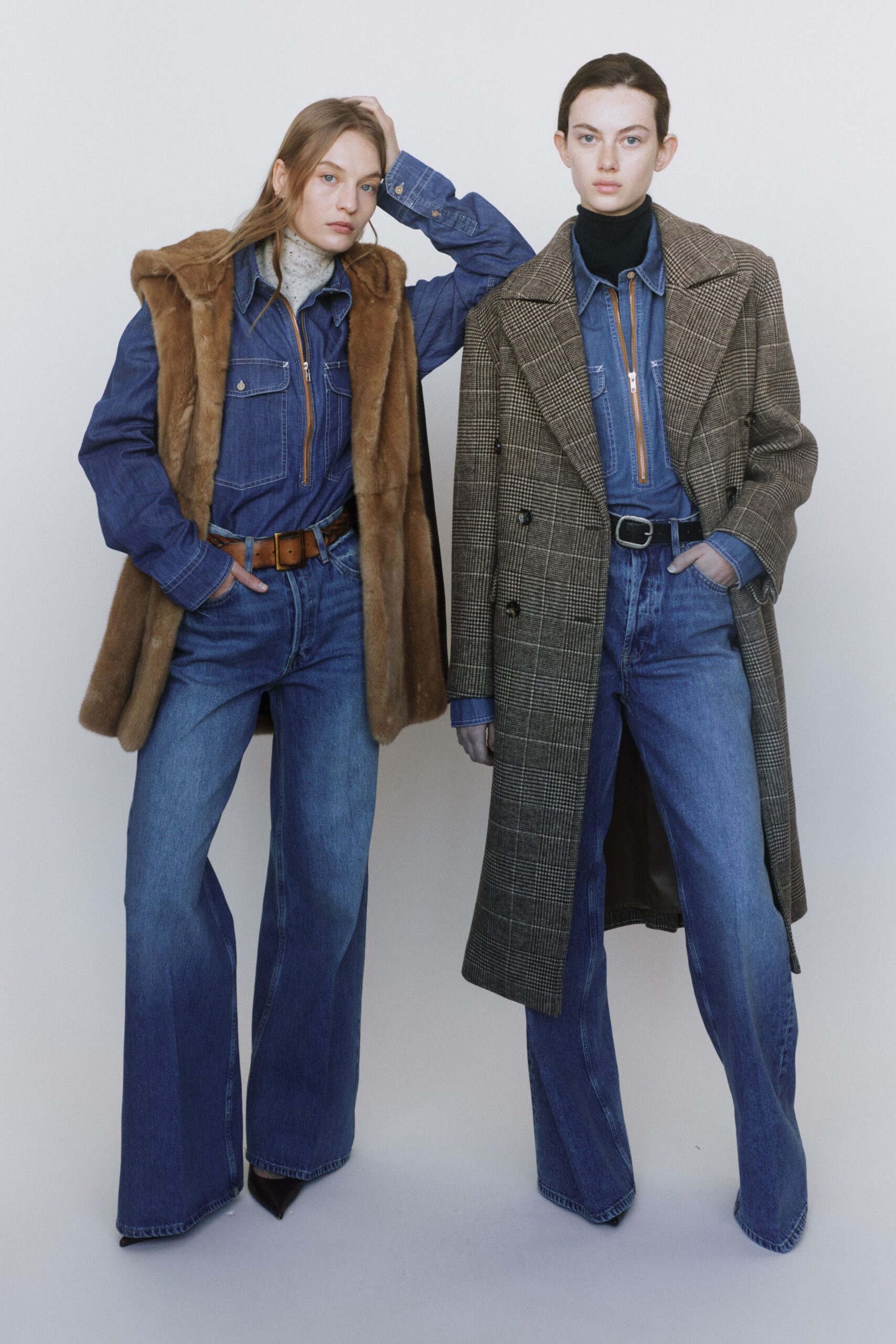 blue denim fitted high-waisted flared pants