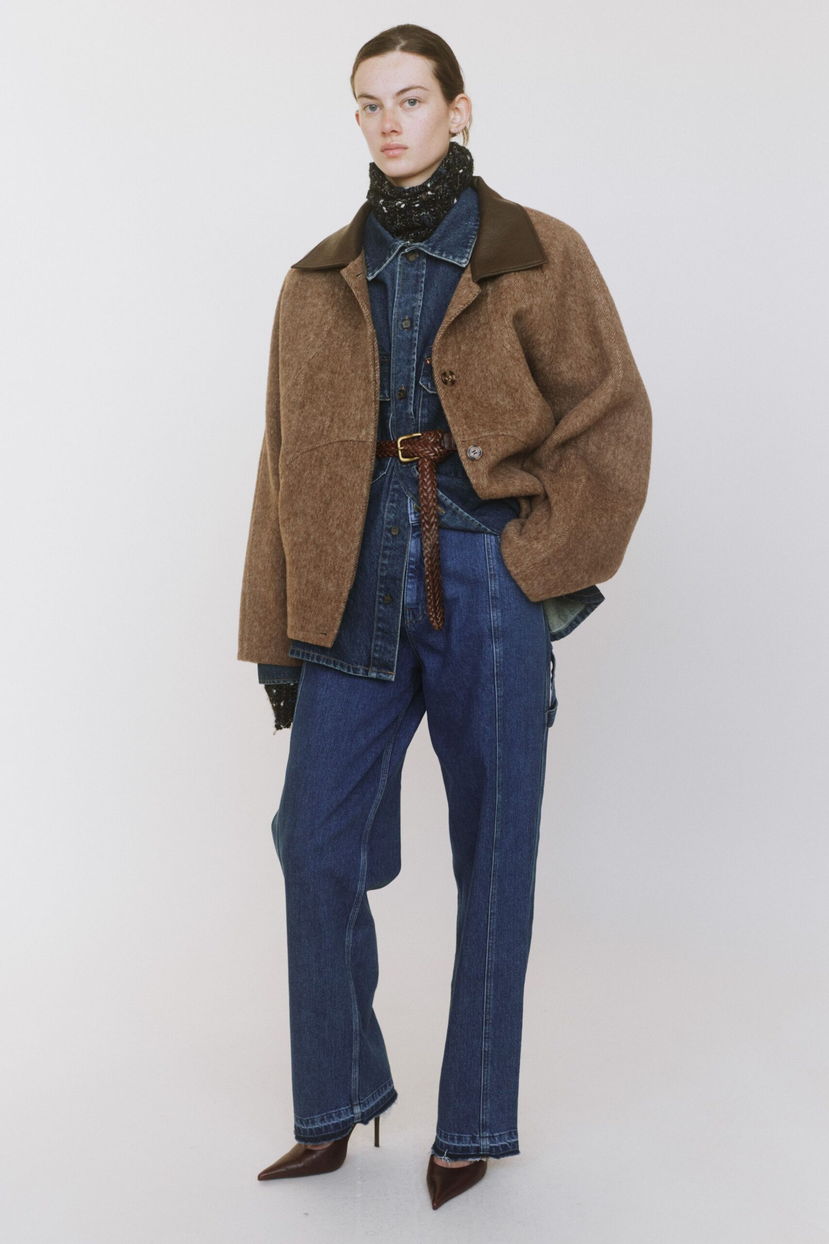 brown wool long-sleeve collared oversized jacket